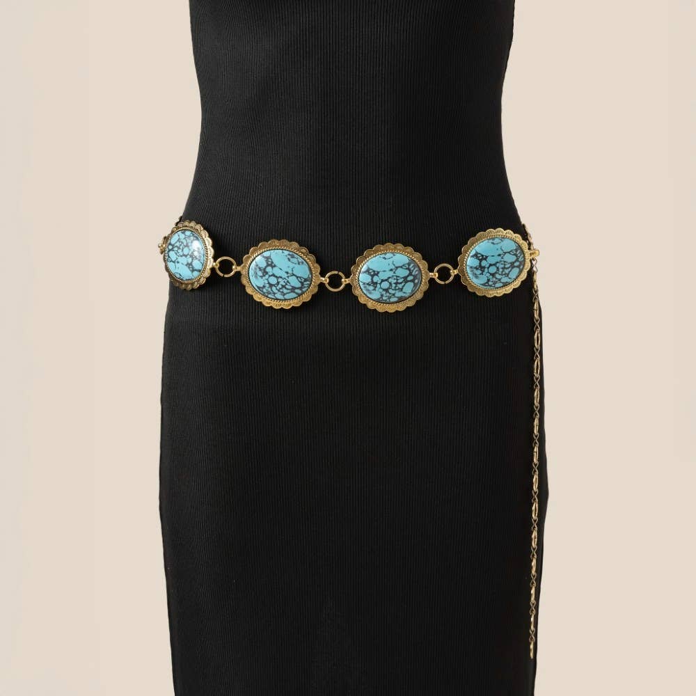 Western Turquoise Stone Oval Concho Disc Chain Belt