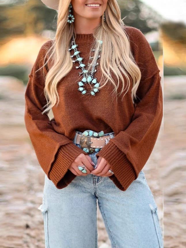 Western Cowboy flare sleeve knit sweater pullover in brown
