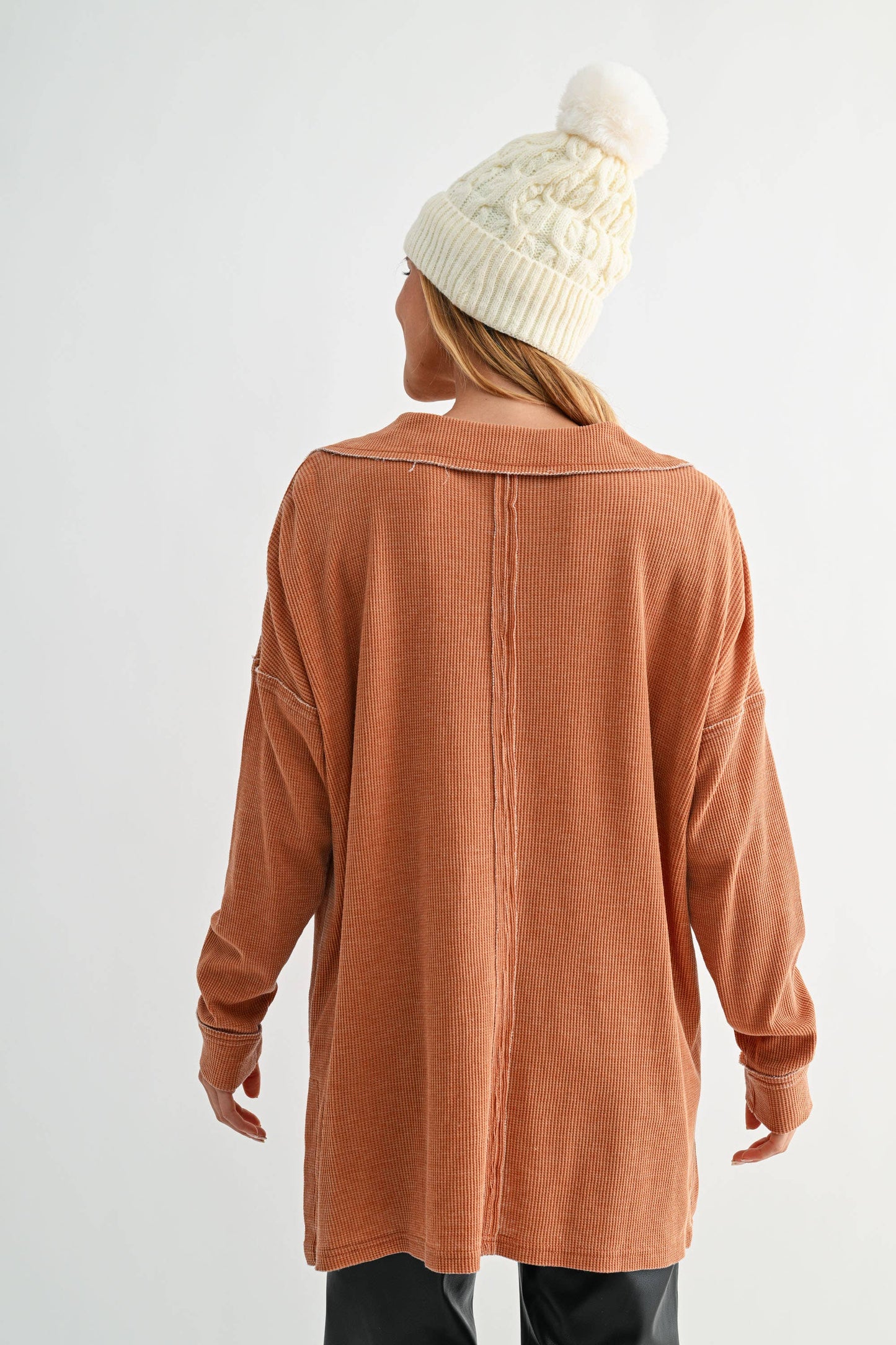 Cotton Blend Waffle Knit Oversized Collared Long Sleeve