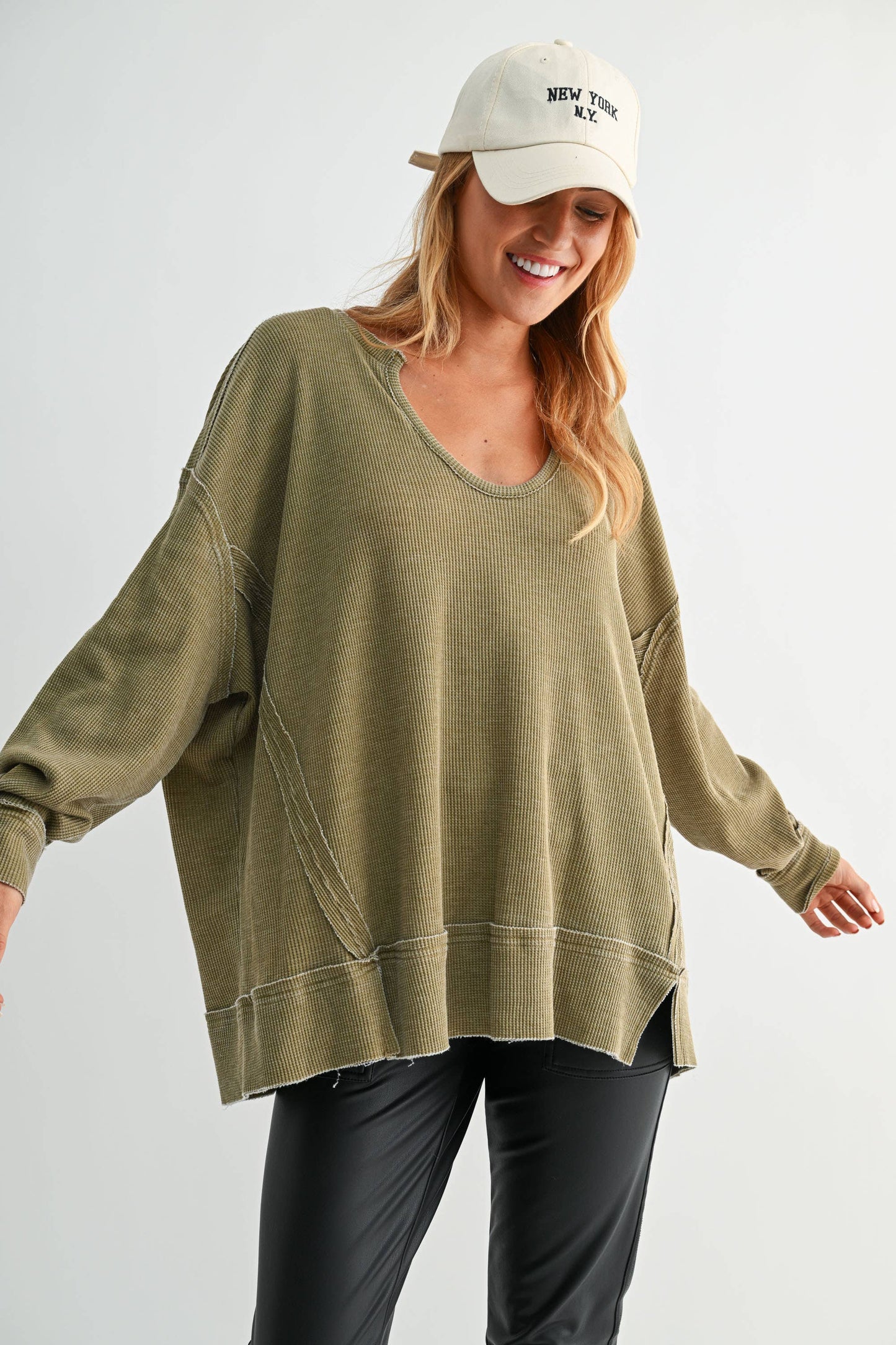 Cotton Blend Waffle Knit Oversized Long Sleeve