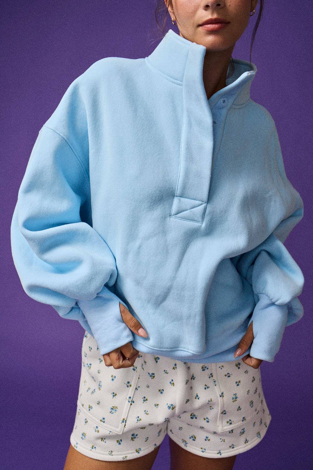 High Collar Half Button-Up Relaxed Fit Pullover