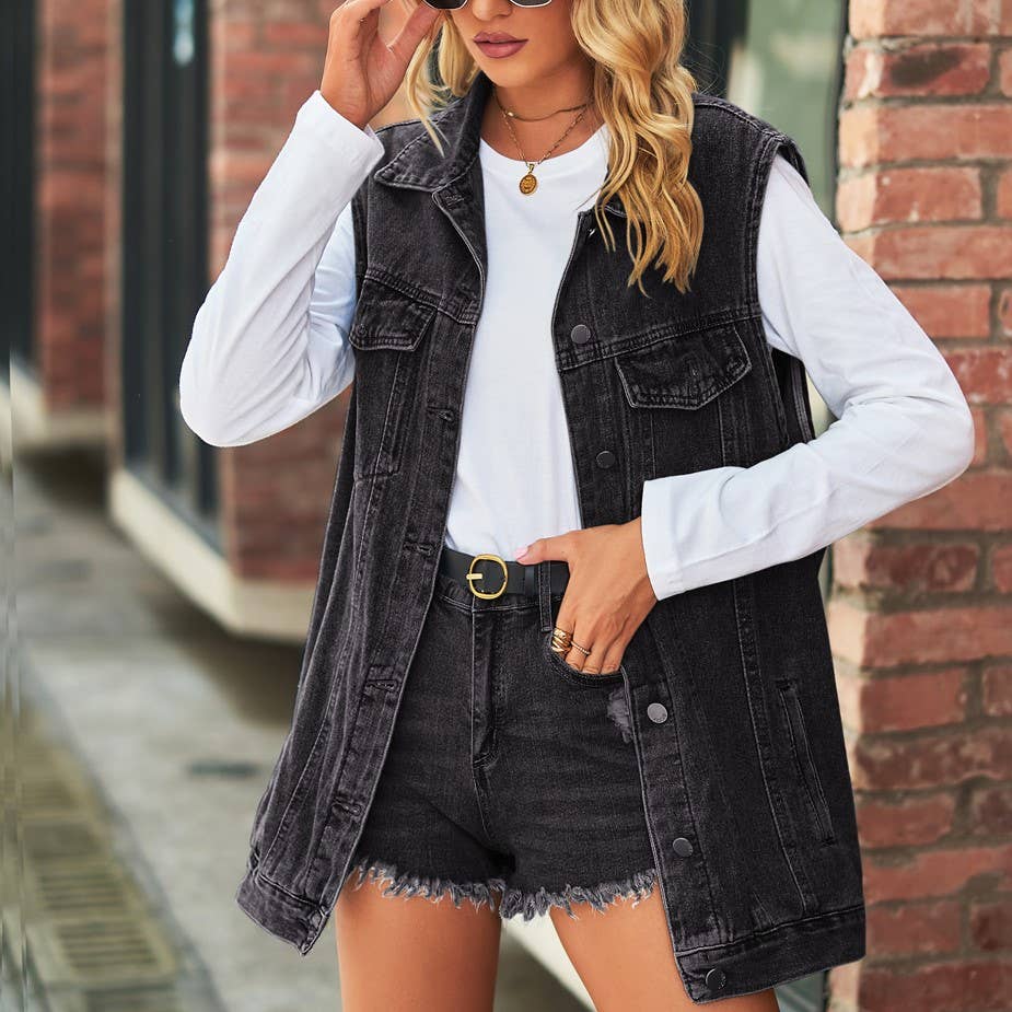 Western Button Down Sleeveless Denim Vest