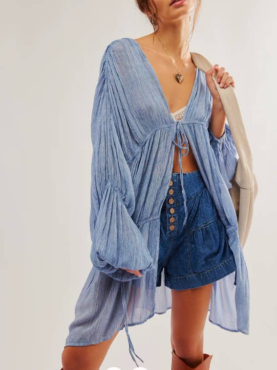 Draped & tiered puff sleeve duster jacket