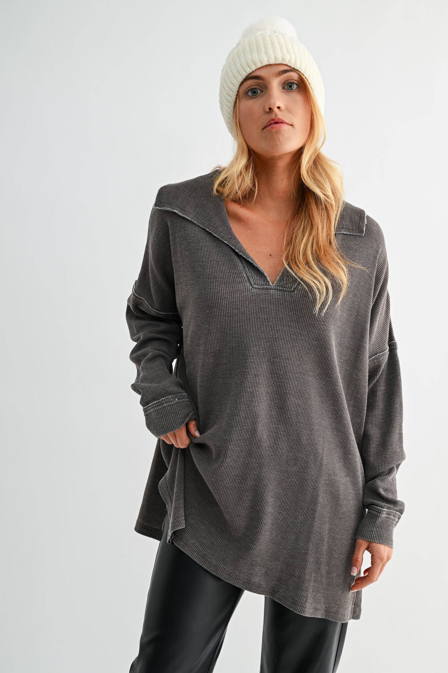 Cotton Blend Waffle Knit Oversized Collared Long Sleeve