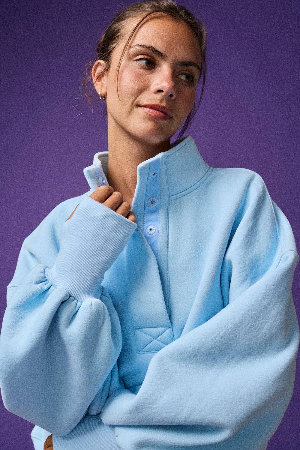 High Collar Half Button-Up Relaxed Fit Pullover