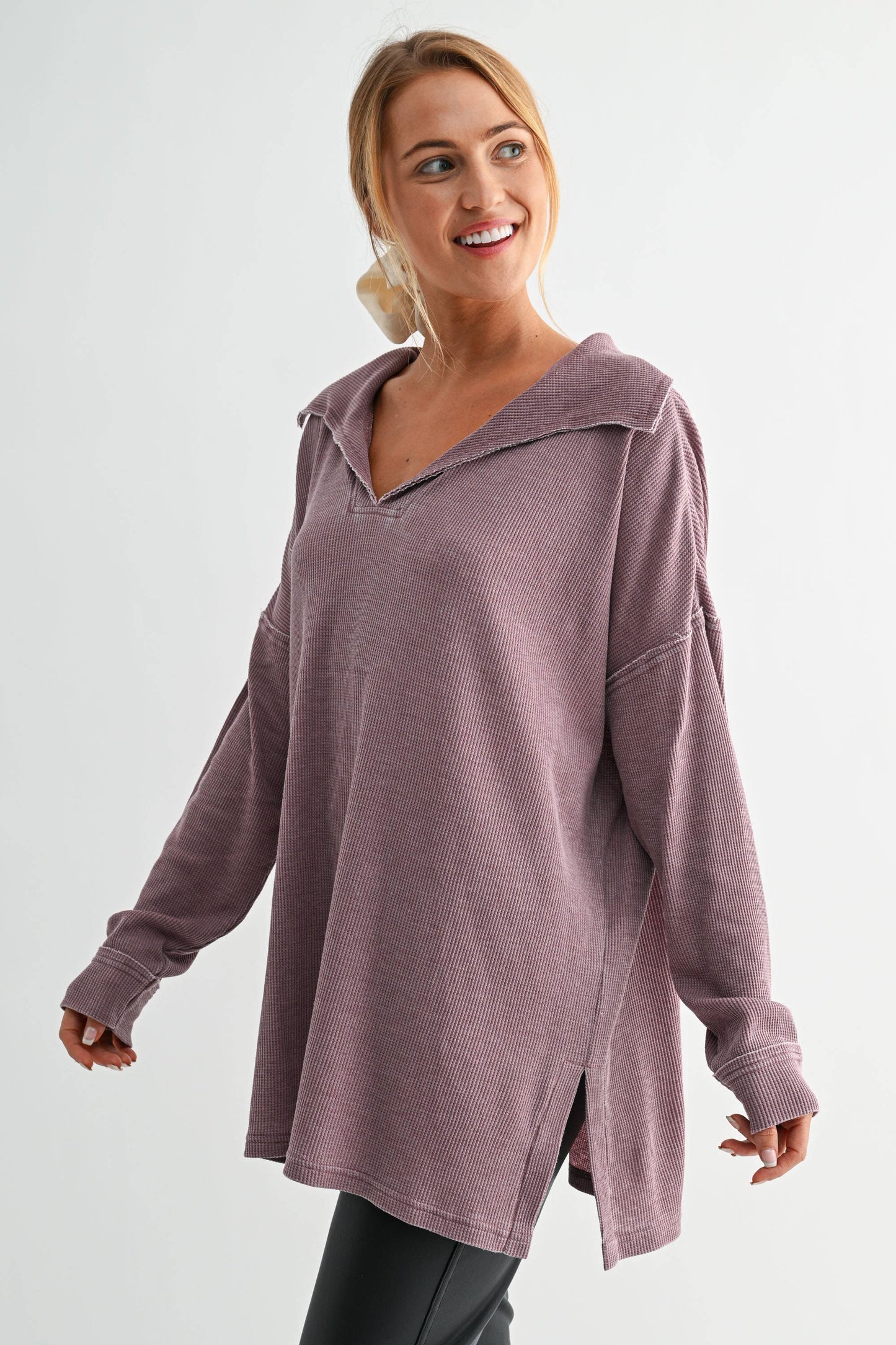 Cotton Blend Waffle Knit Oversized Collared Long Sleeve