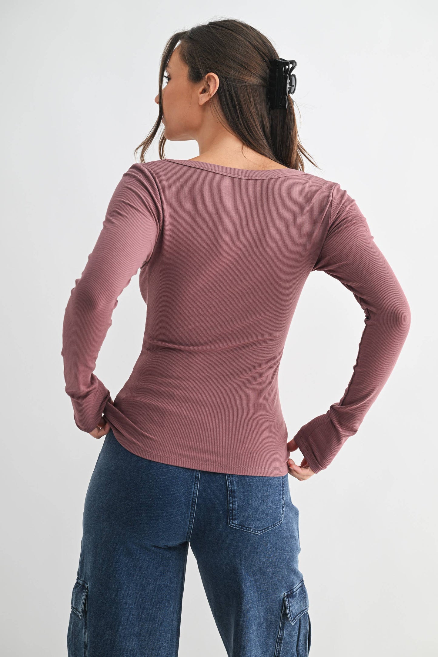 Slim Fit Scoop Neck Micro-Ribbed Long Sleeve Top