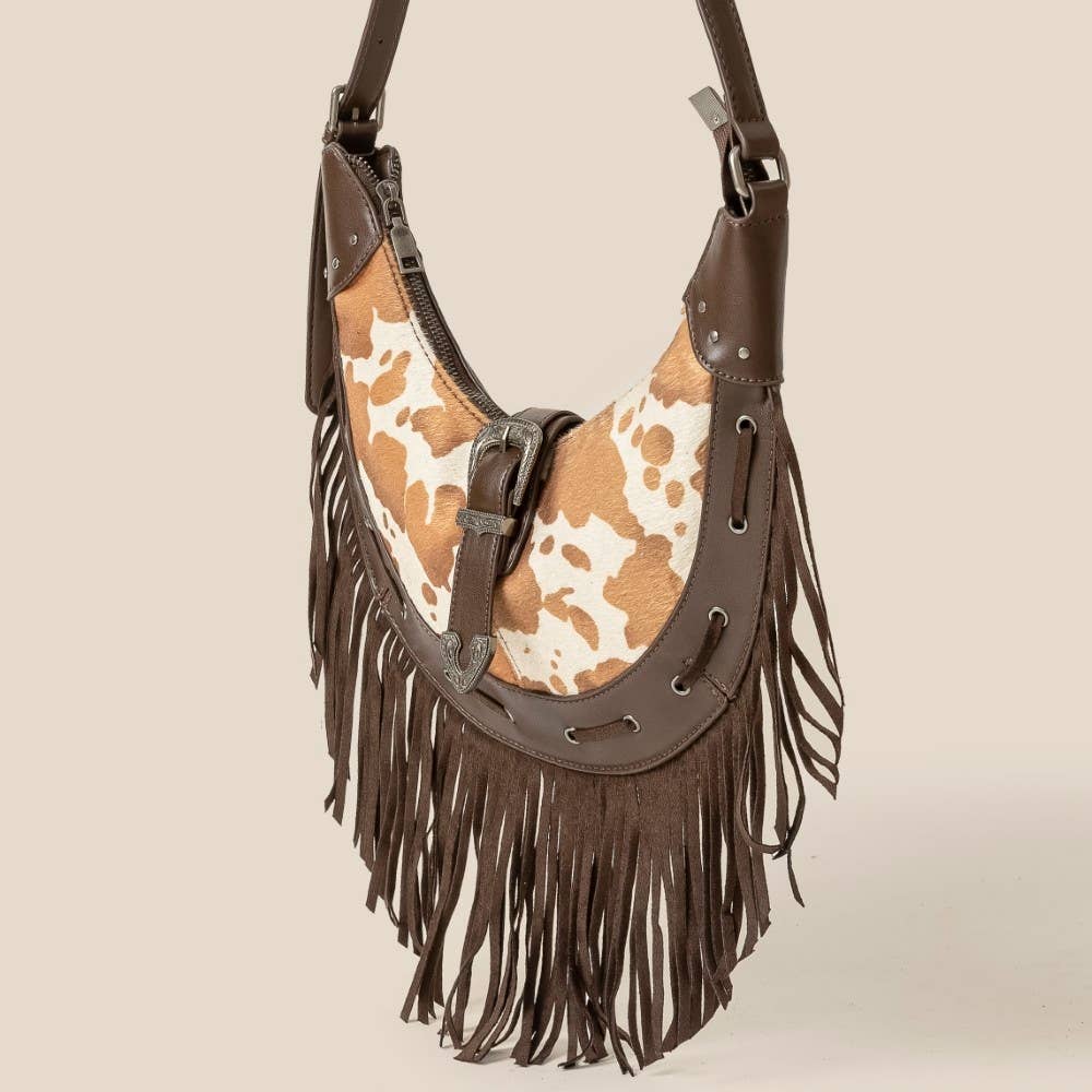 Cow Print Faux Leather Fringe Hobo Bag