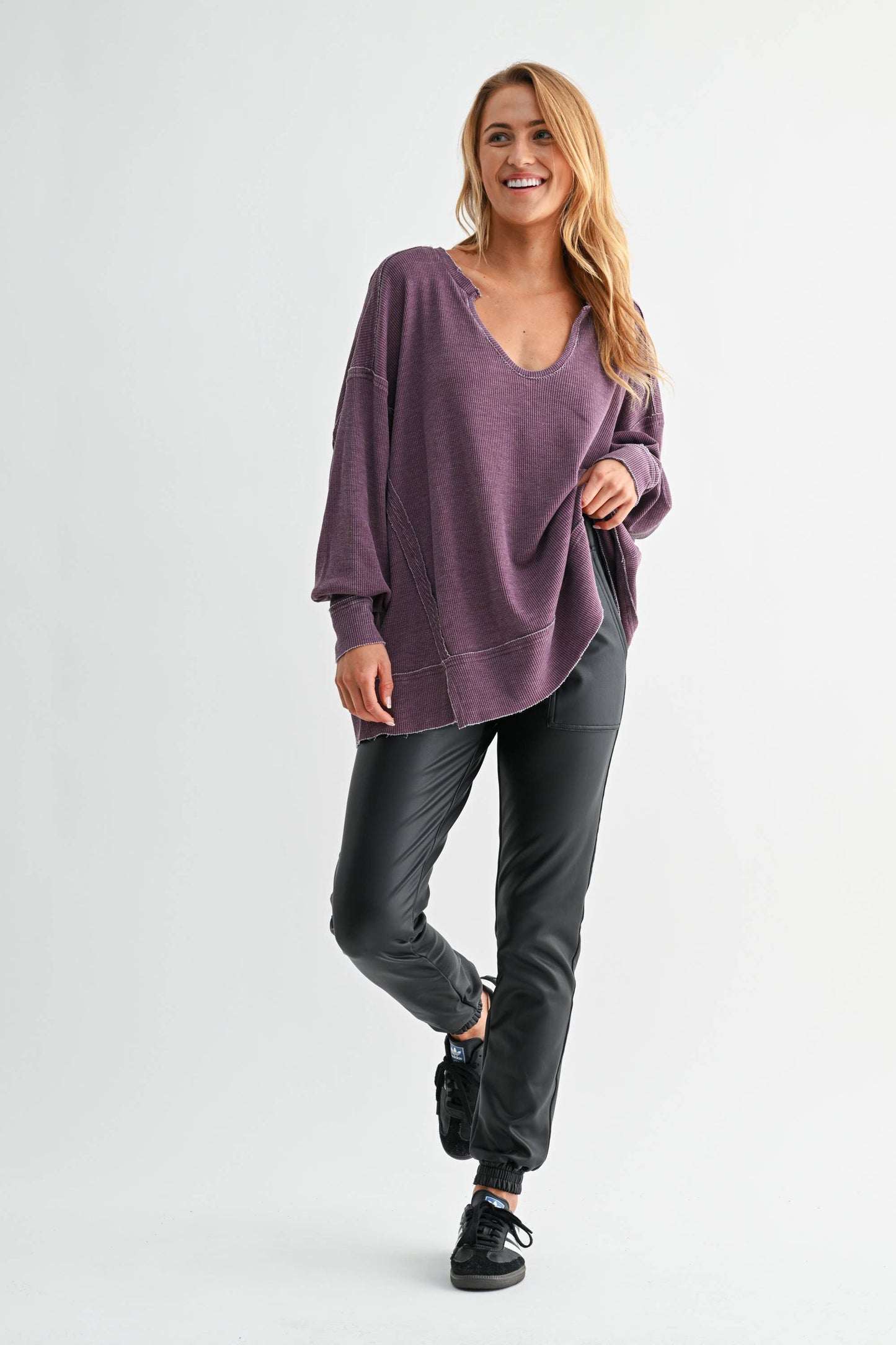 Cotton Blend Waffle Knit Oversized Long Sleeve