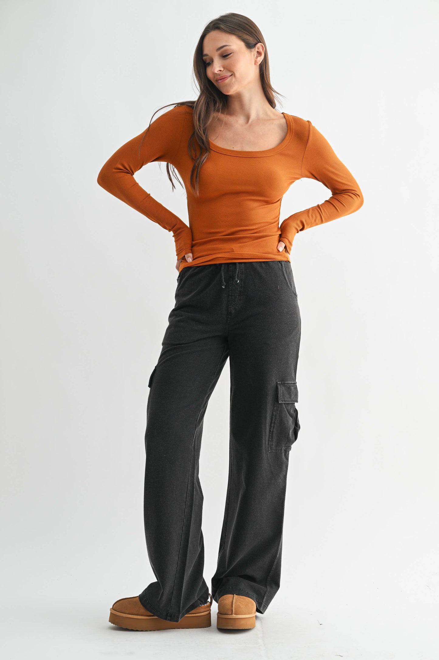 Slim Fit Scoop Neck Micro-Ribbed Long Sleeve Top