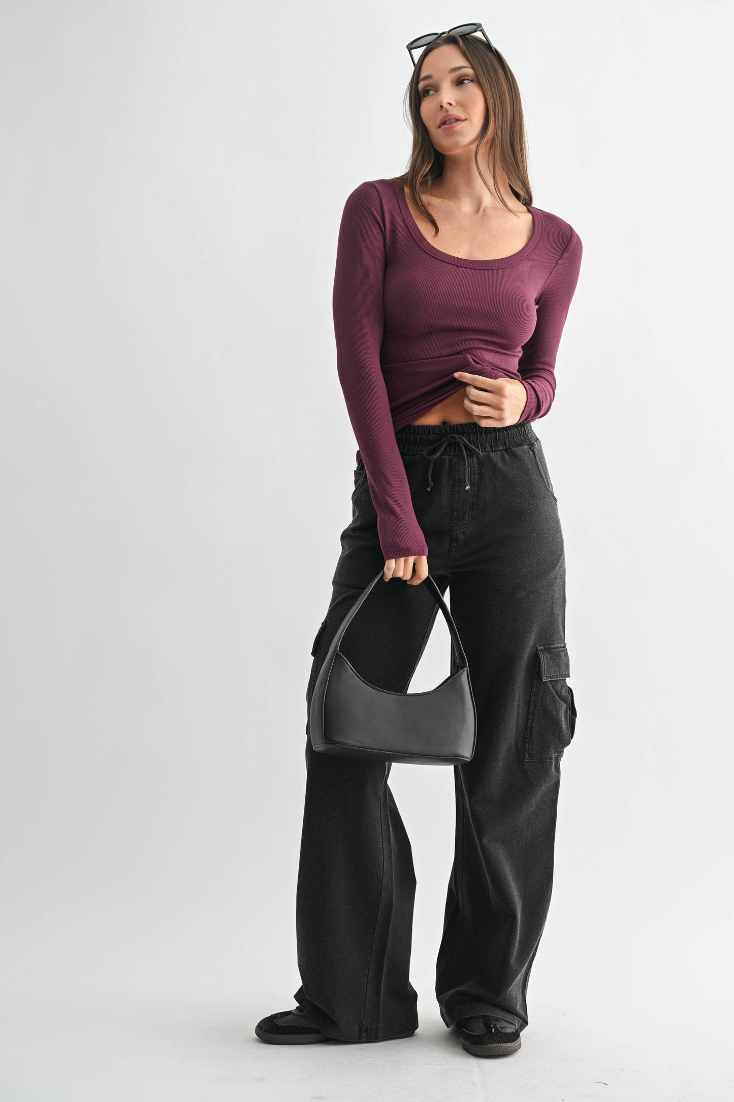 Slim Fit Scoop Neck Micro-Ribbed Long Sleeve Top