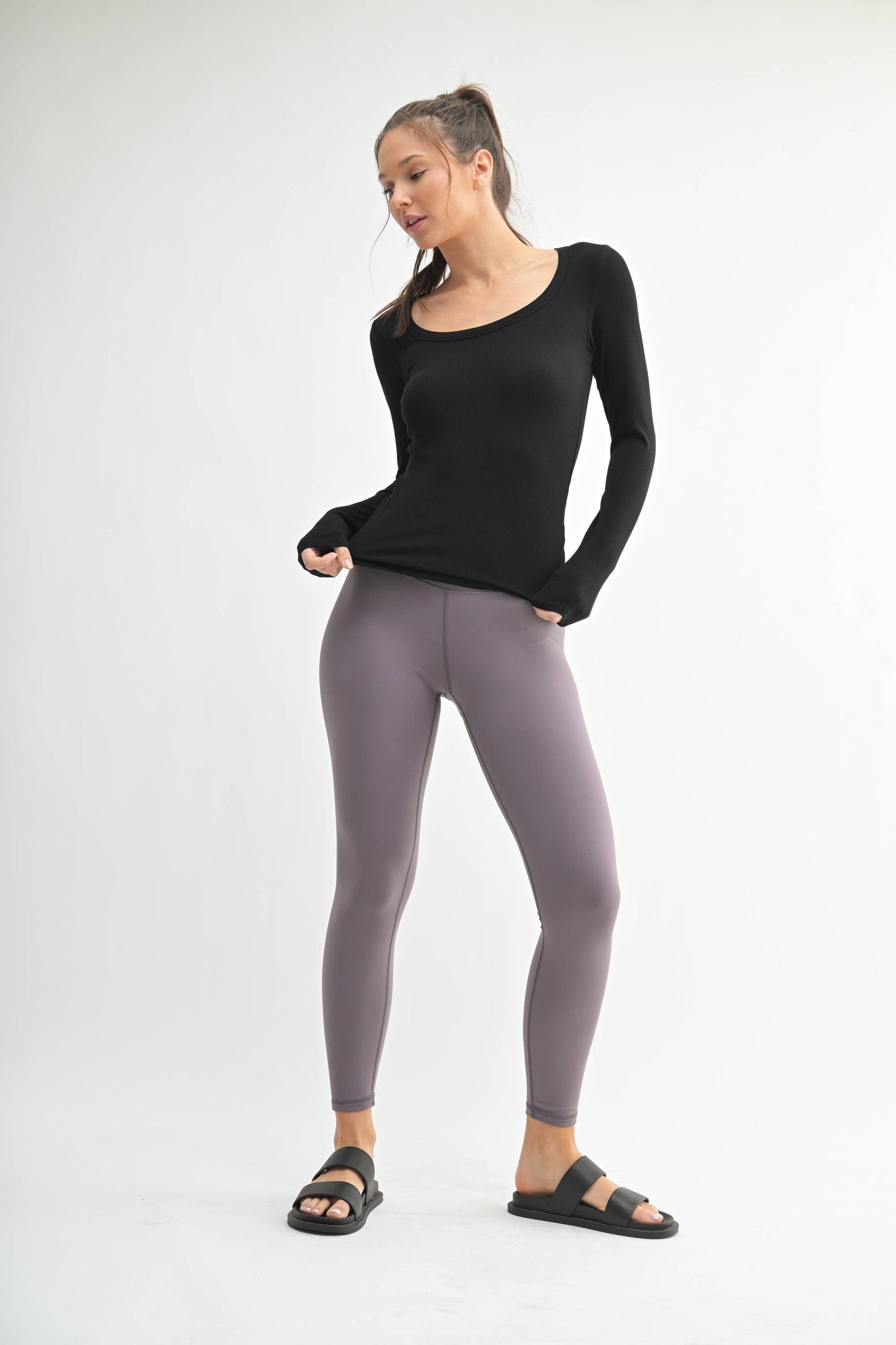 Slim Fit Scoop Neck Micro-Ribbed Long Sleeve Top