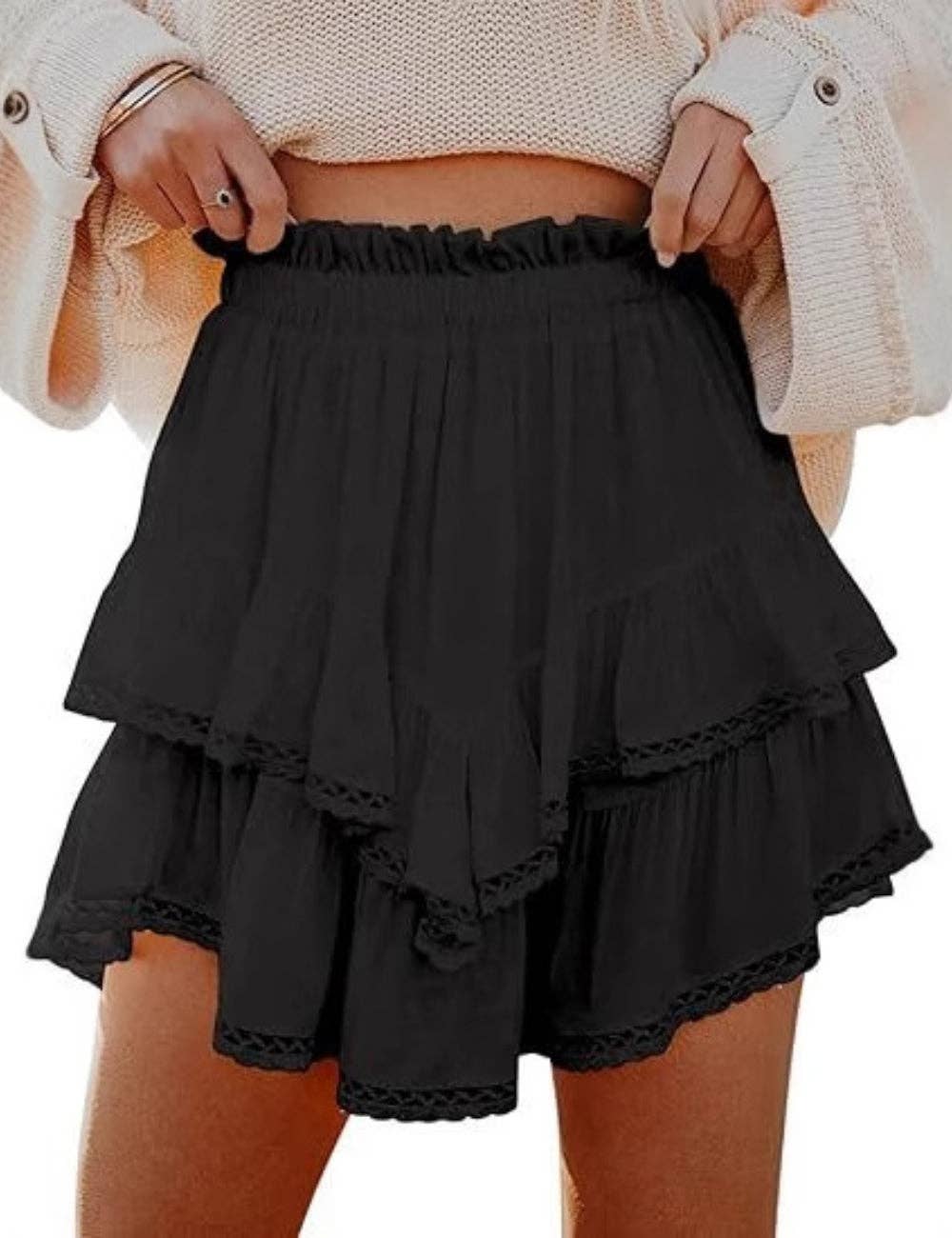 Ladies Solid Color Ruffle Mini Skirt