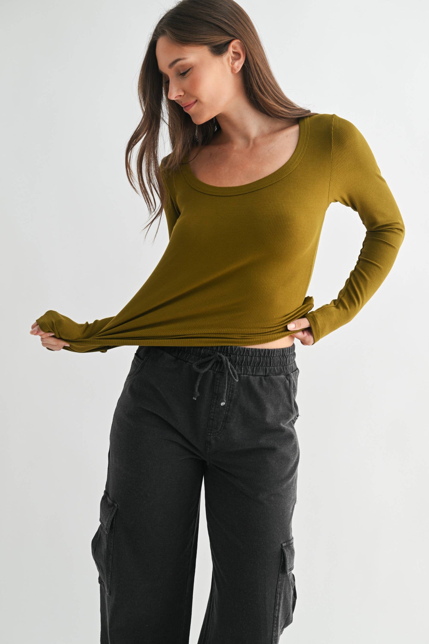 Slim Fit Scoop Neck Micro-Ribbed Long Sleeve Top