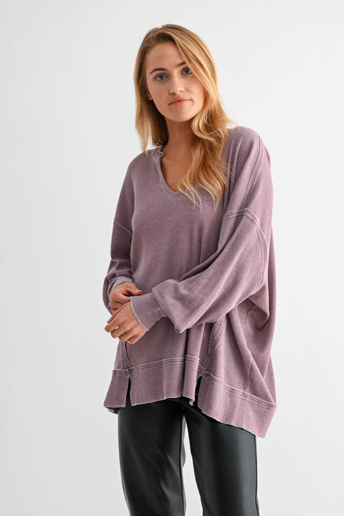Cotton Blend Waffle Knit Oversized Long Sleeve