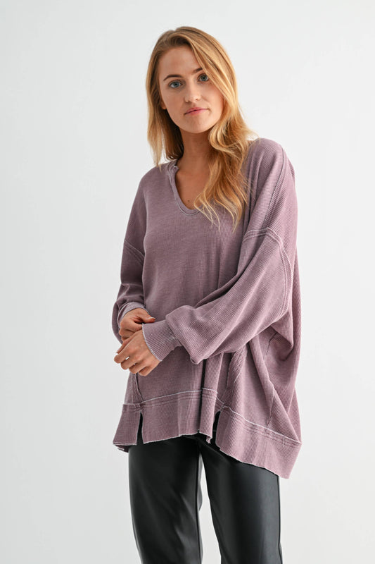 Cotton Blend Waffle Knit Oversized Long Sleeve