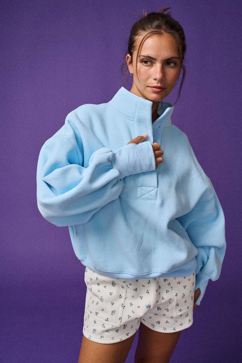 High Collar Half Button-Up Relaxed Fit Pullover