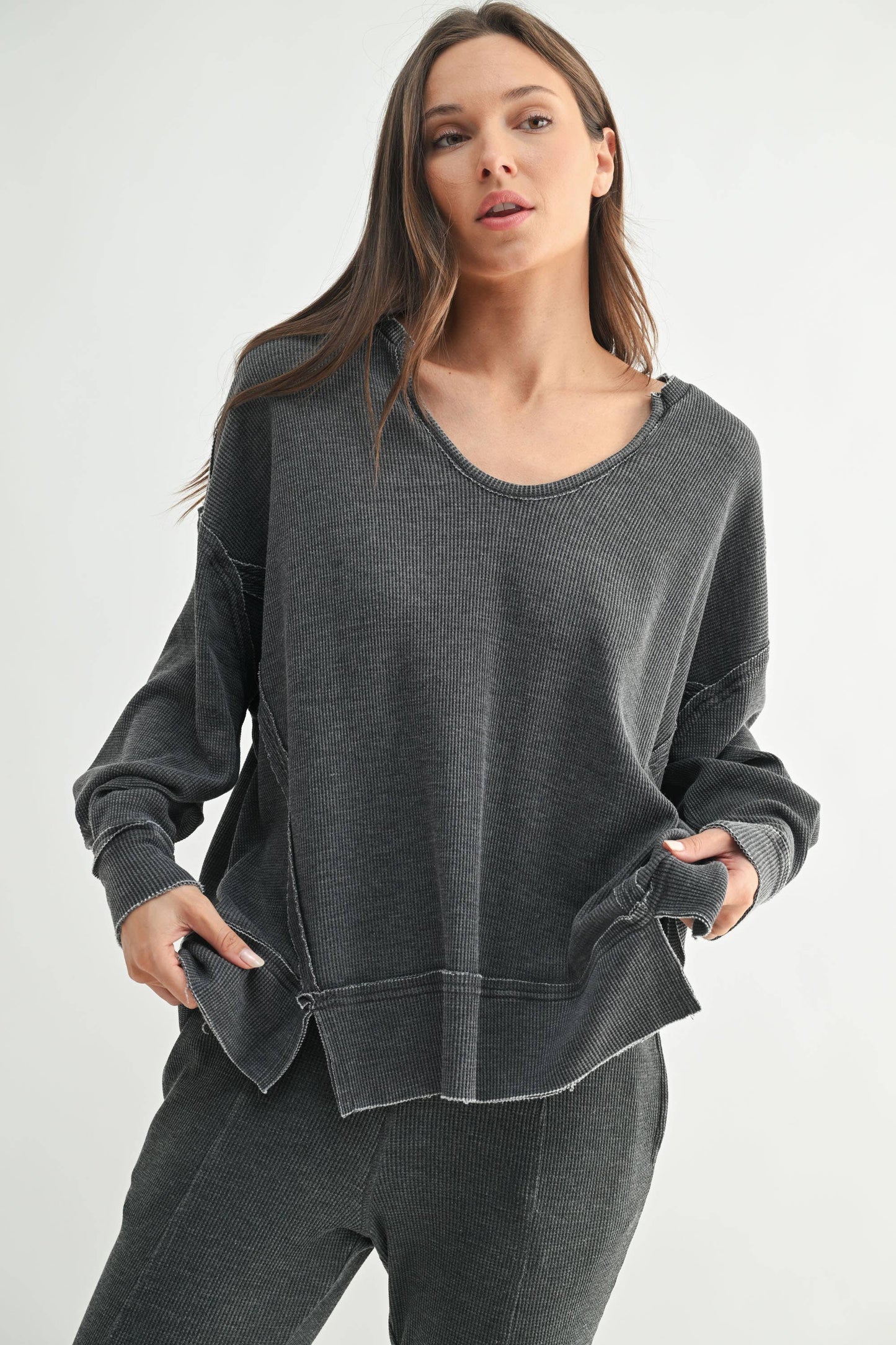 Cotton Blend Waffle Knit Oversized Long Sleeve