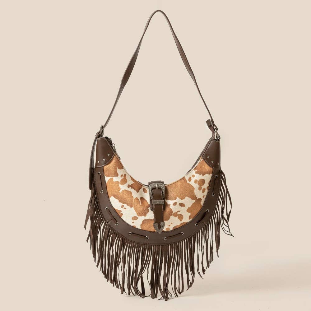 Cow Print Faux Leather Fringe Hobo Bag