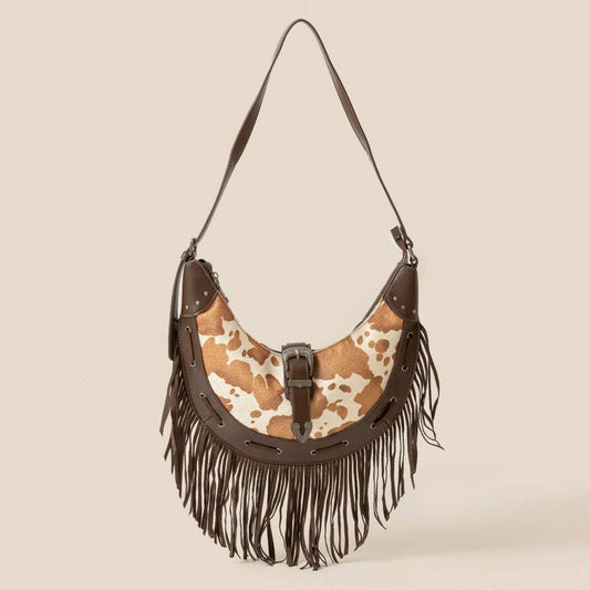 Cow Print Faux Leather Fringe Hobo Bag
