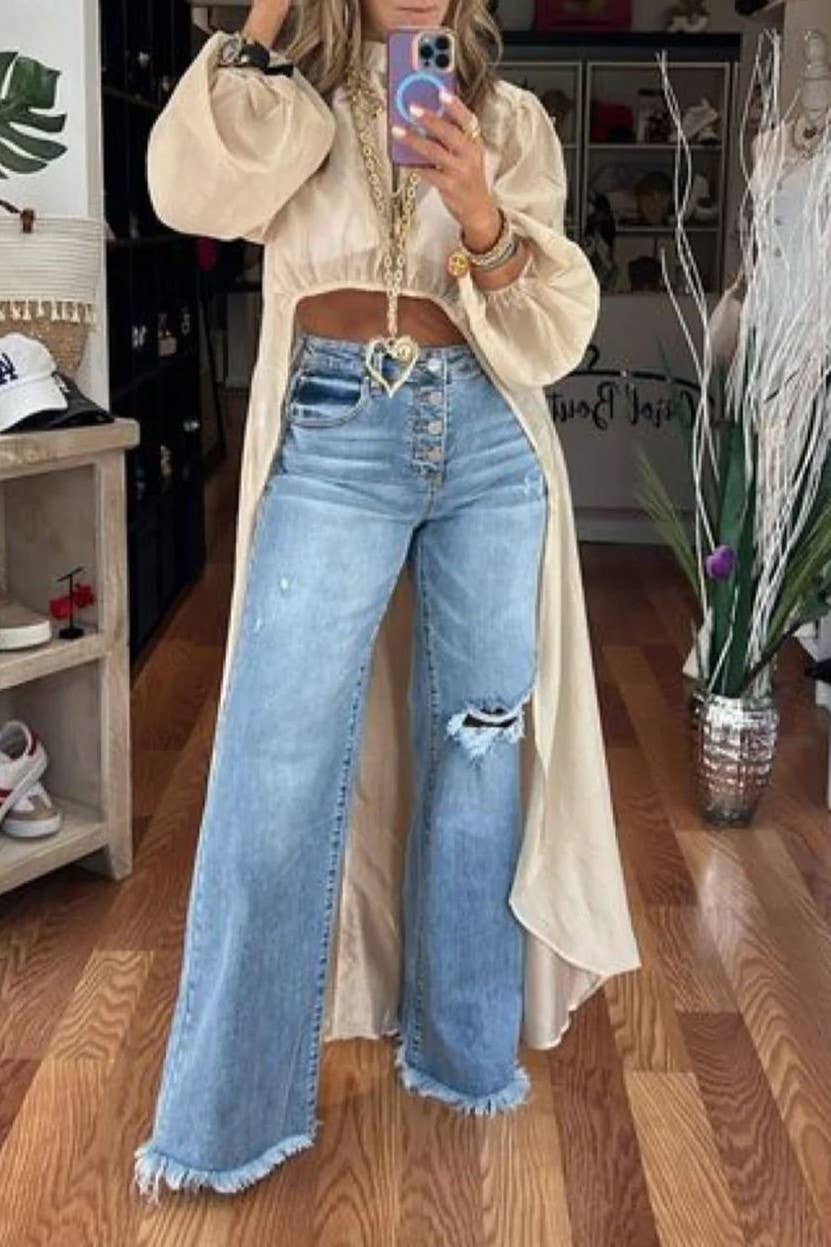 Bohemia plain bubble sleeve high-low hem tunic blouse