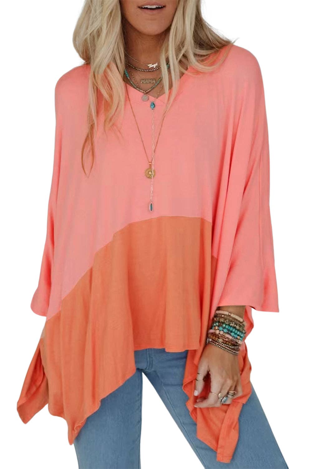 Colorblock 3/4 Sleeve Oversized Top