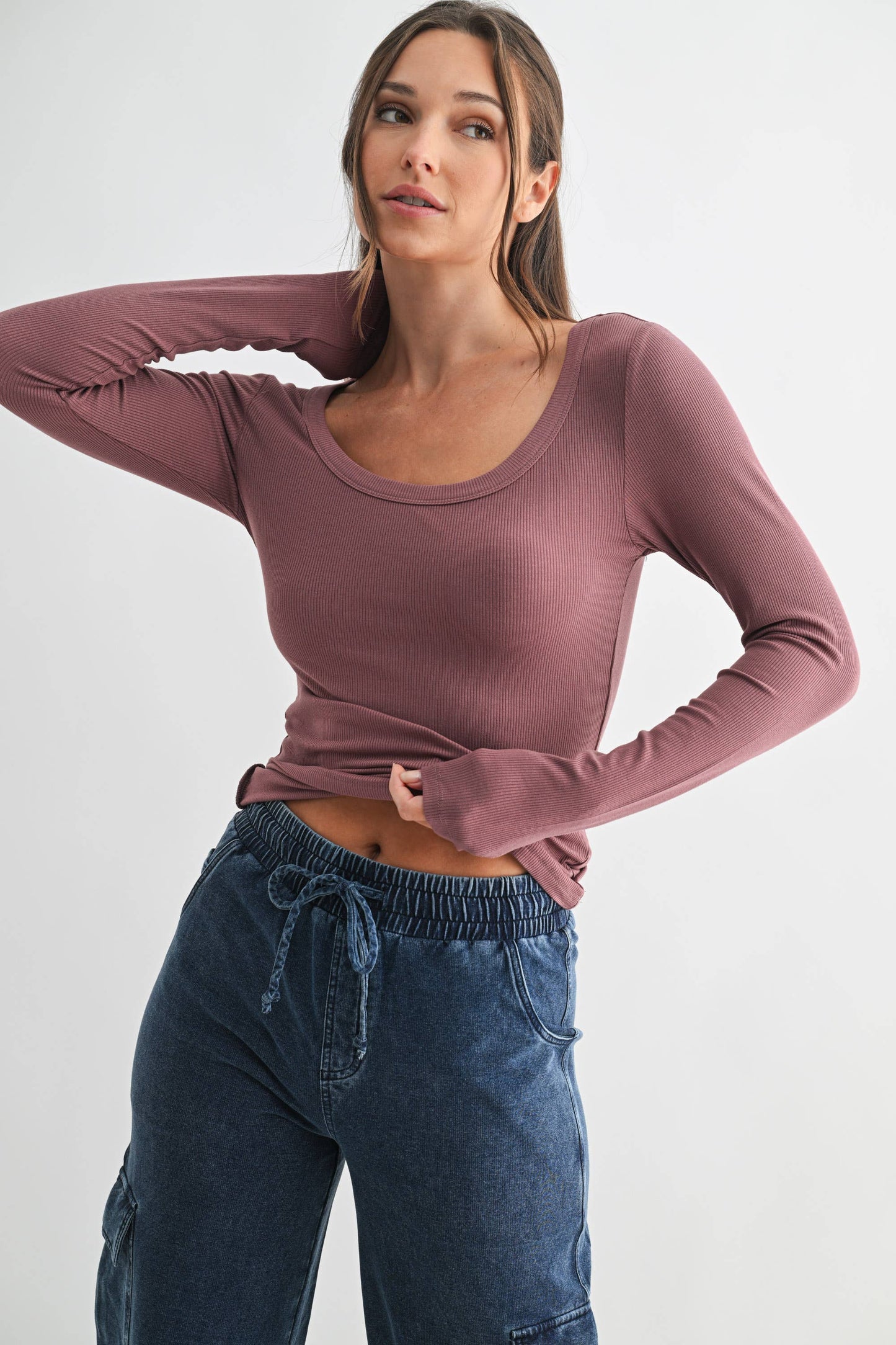 Slim Fit Scoop Neck Micro-Ribbed Long Sleeve Top