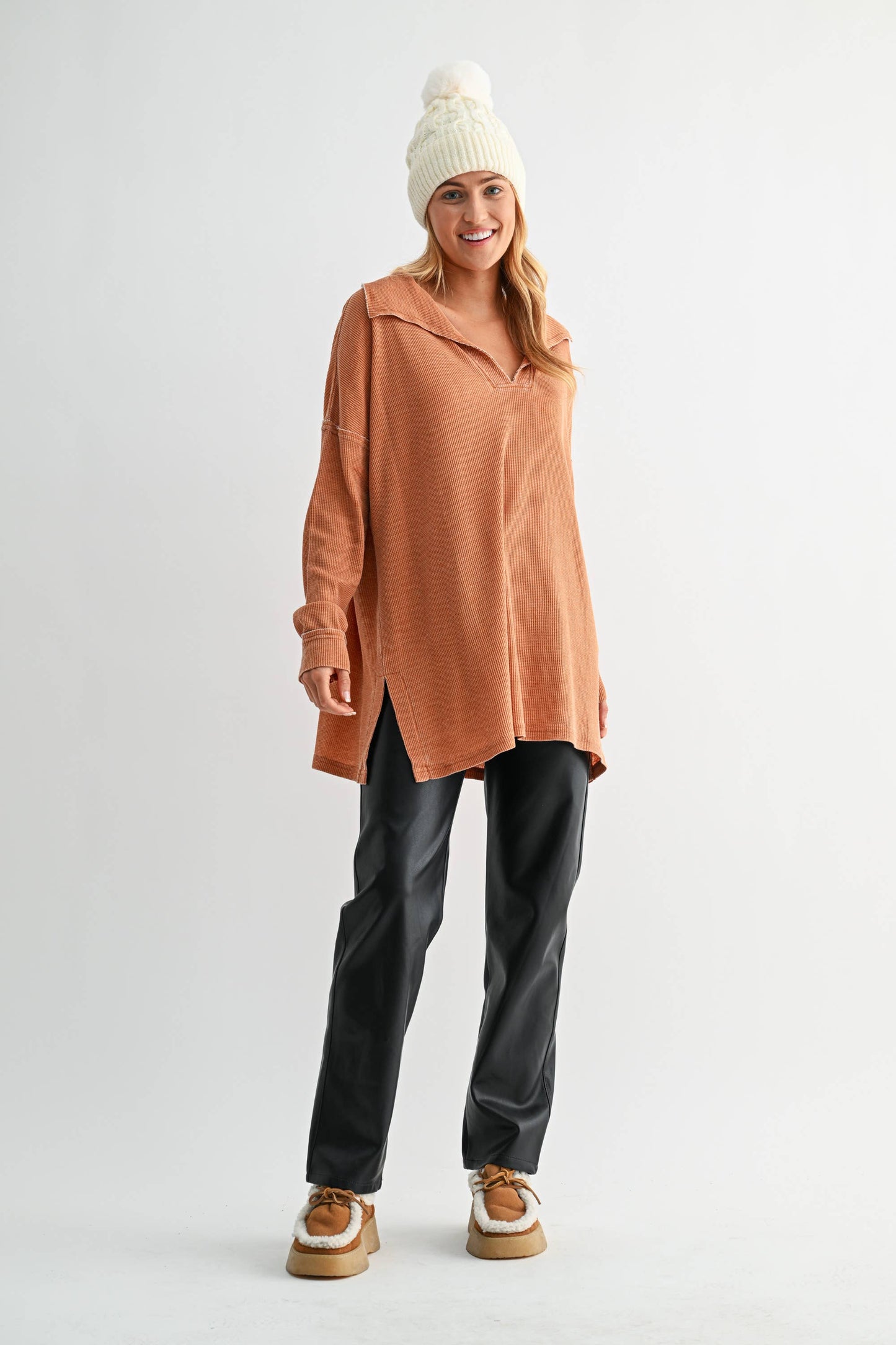 Cotton Blend Waffle Knit Oversized Collared Long Sleeve