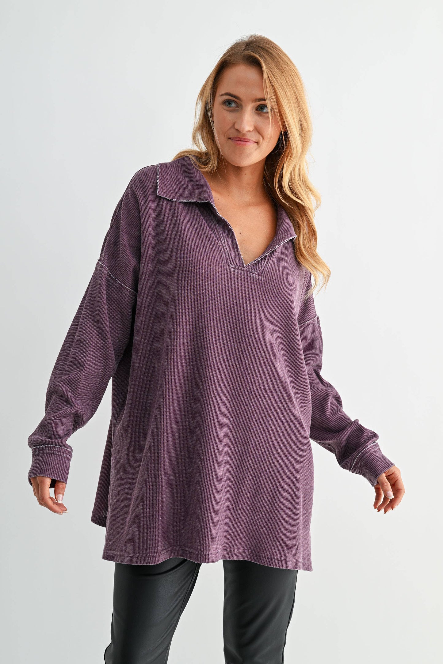 Cotton Blend Waffle Knit Oversized Collared Long Sleeve