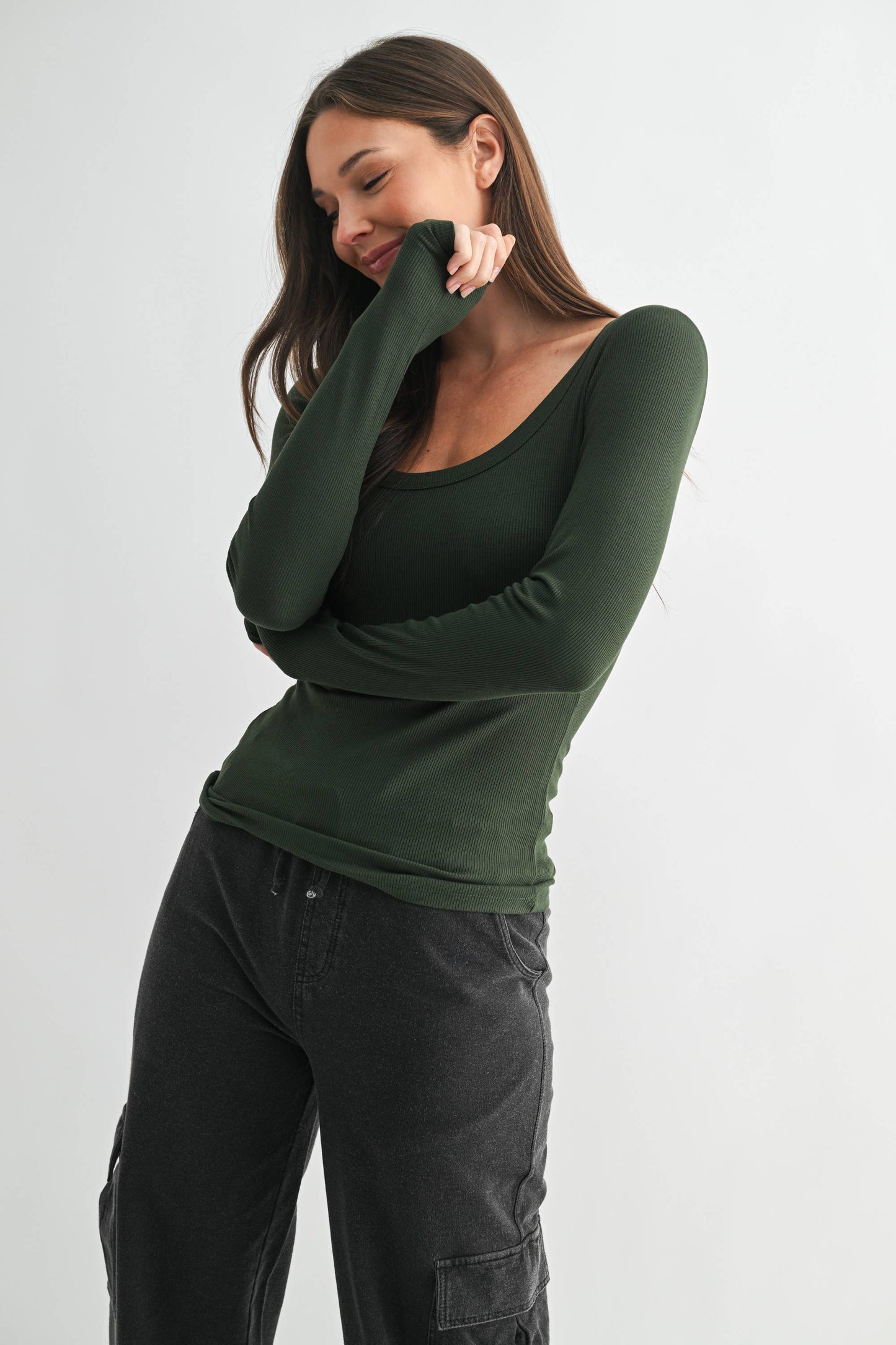 Slim Fit Scoop Neck Micro-Ribbed Long Sleeve Top