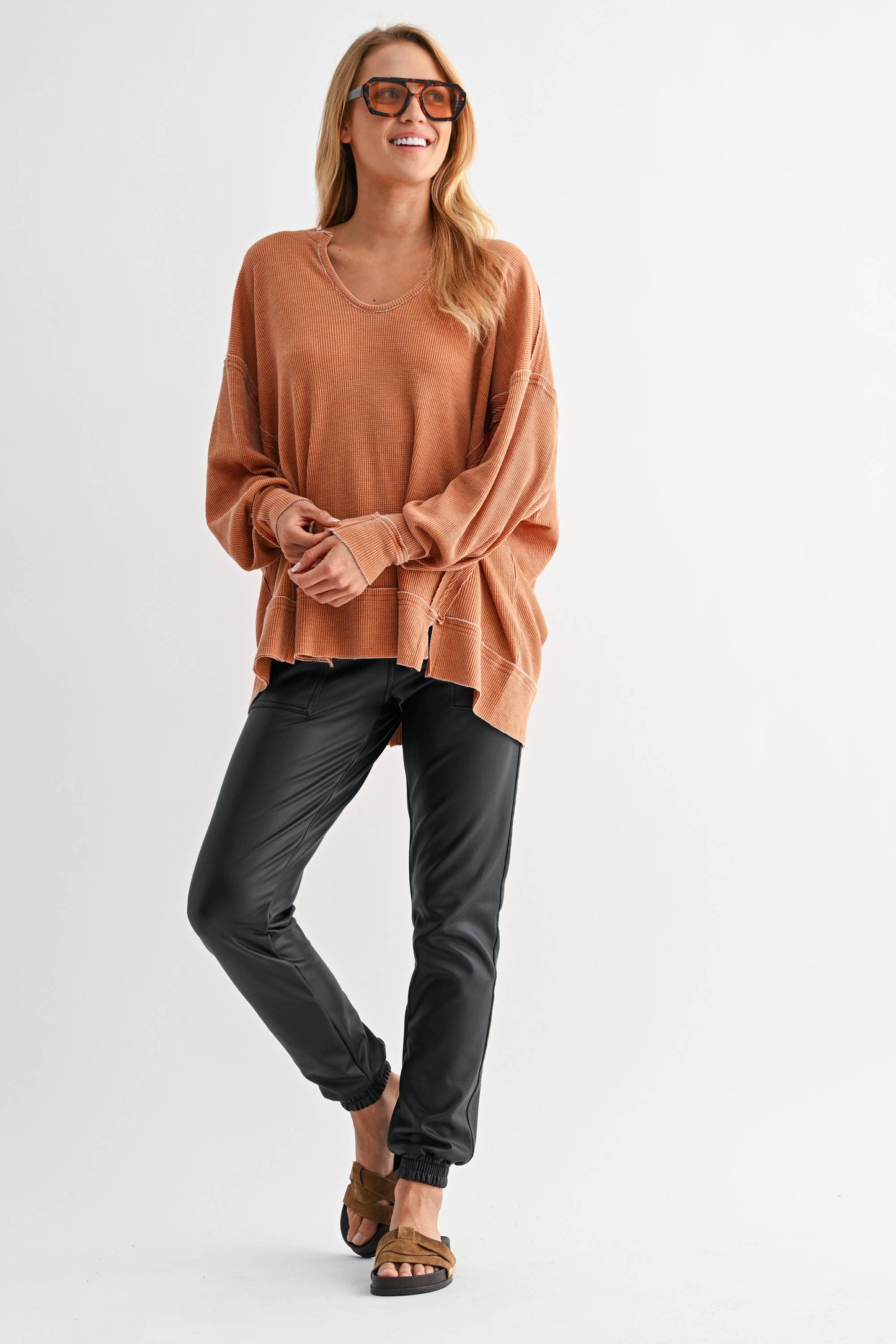 Cotton Blend Waffle Knit Oversized Long Sleeve
