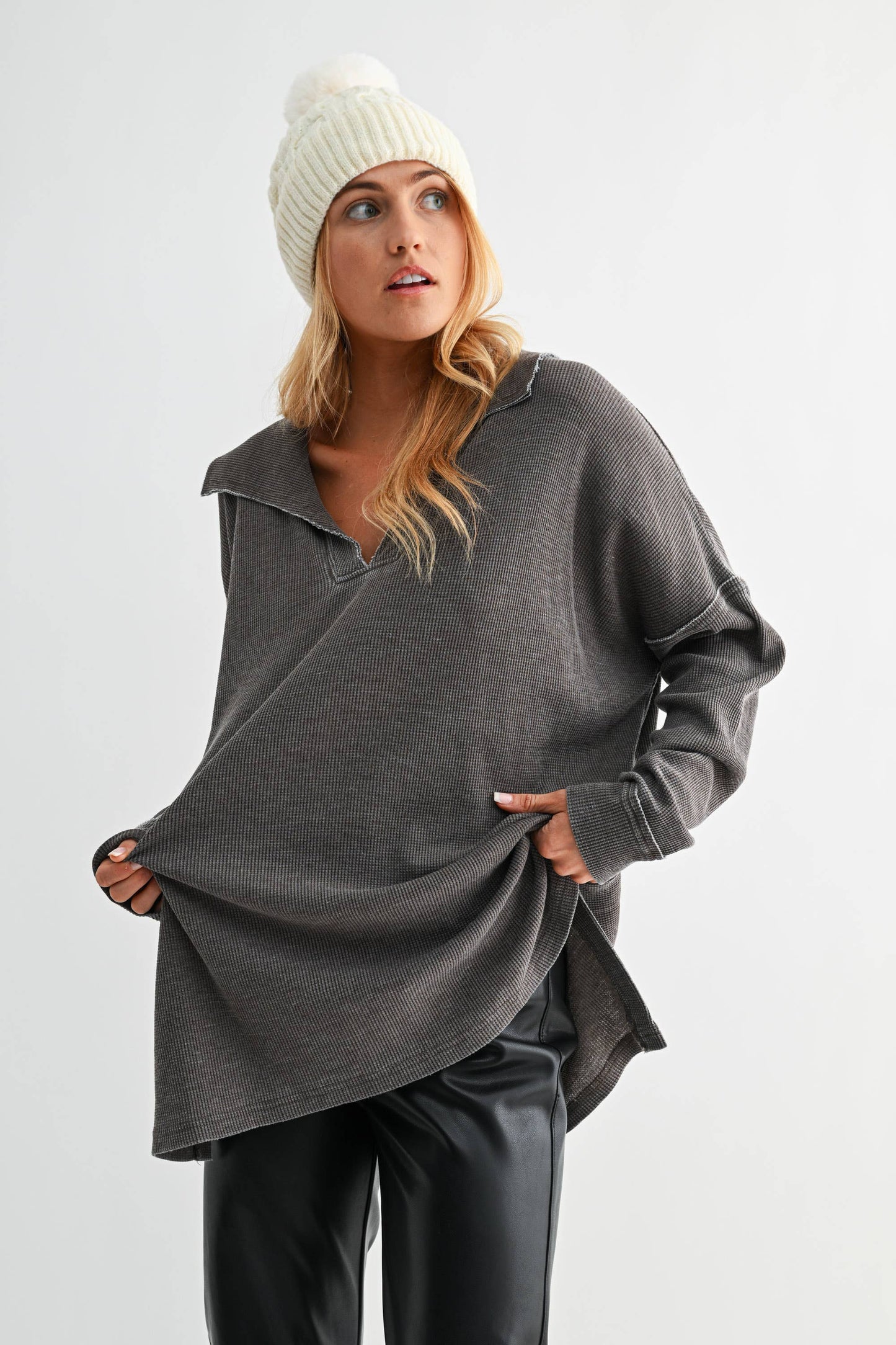 Cotton Blend Waffle Knit Oversized Collared Long Sleeve