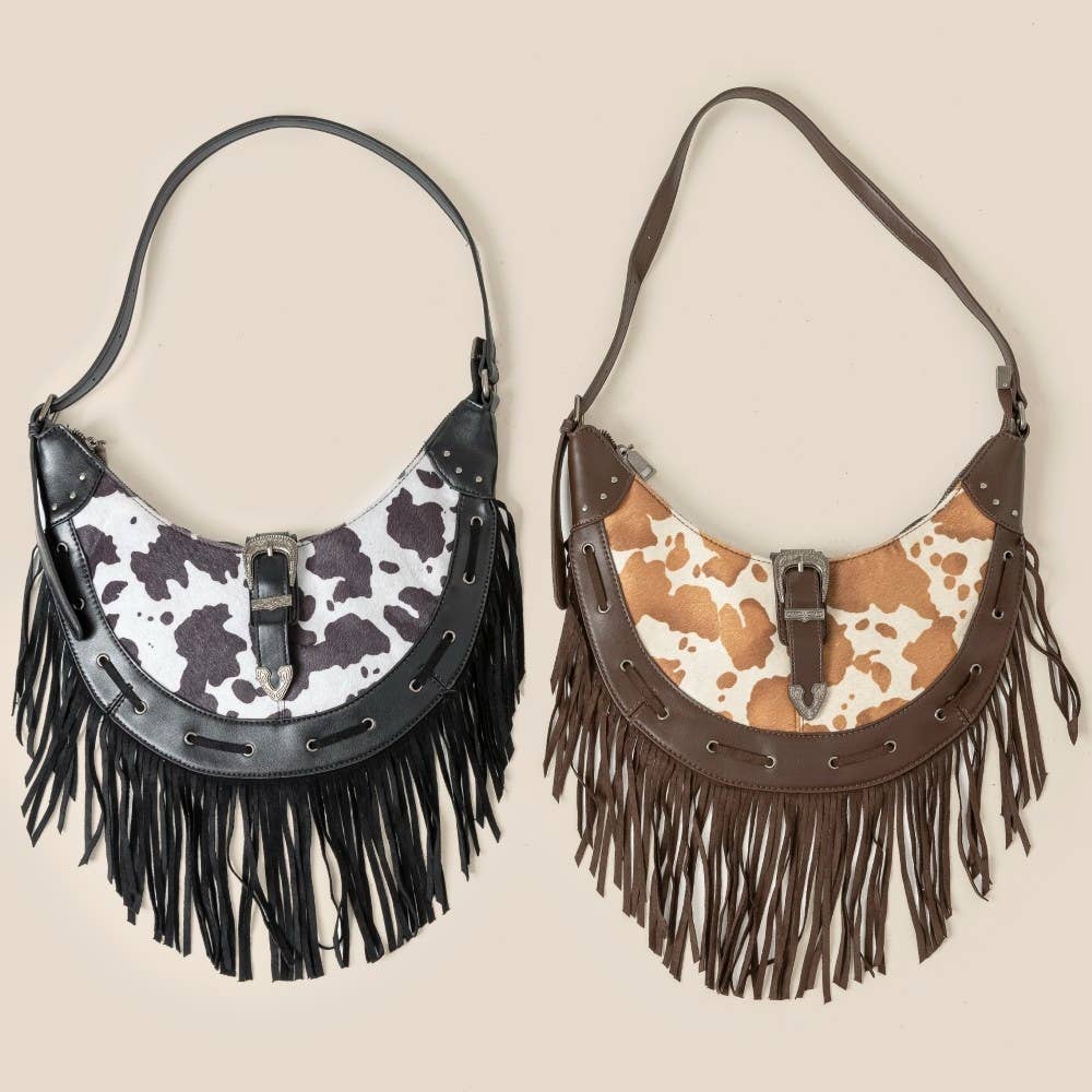 Cow Print Faux Leather Fringe Hobo Bag