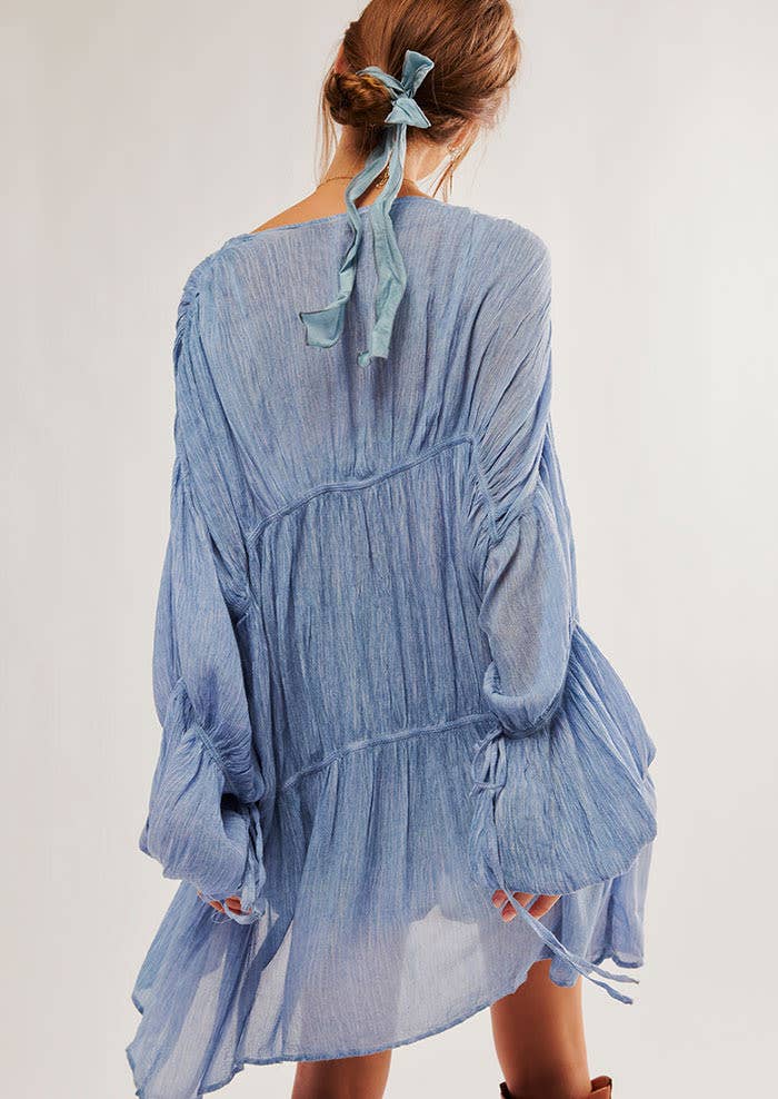 Draped & tiered puff sleeve duster jacket