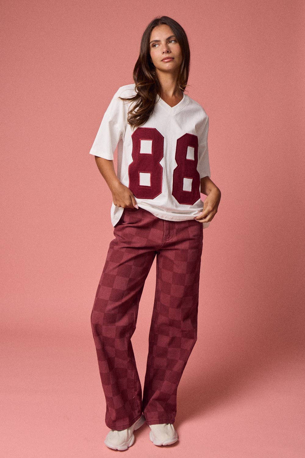 Red Checkered Wide Leg Jeans