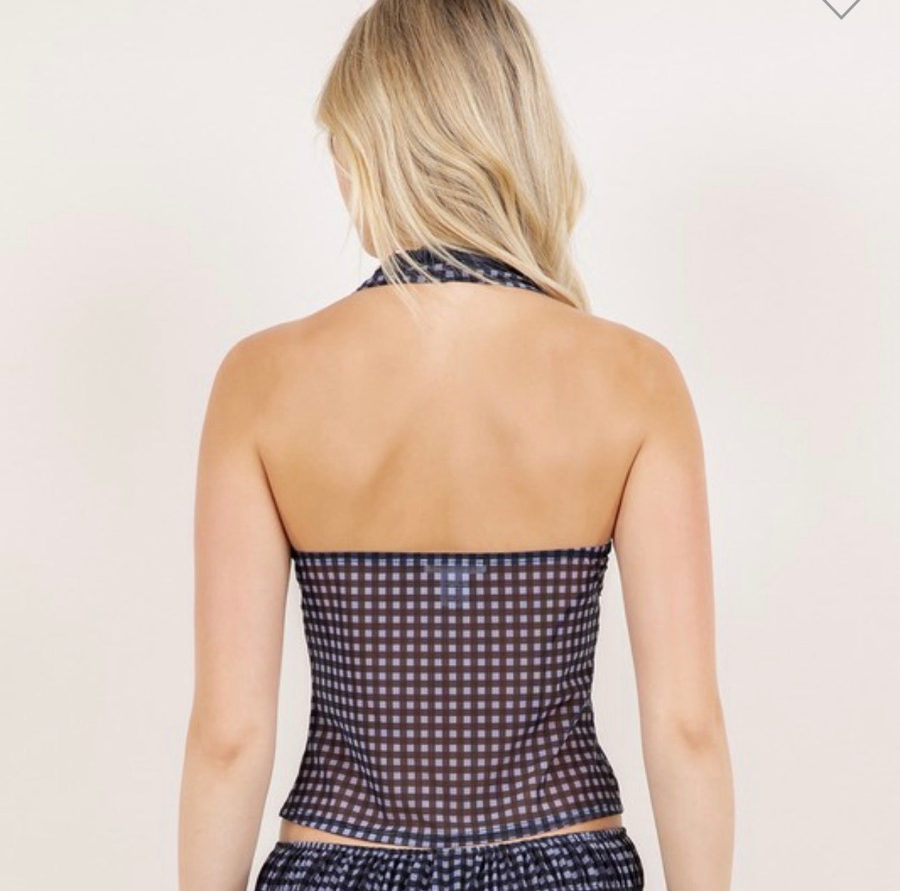 Navy Gingham Halter Mesh Top