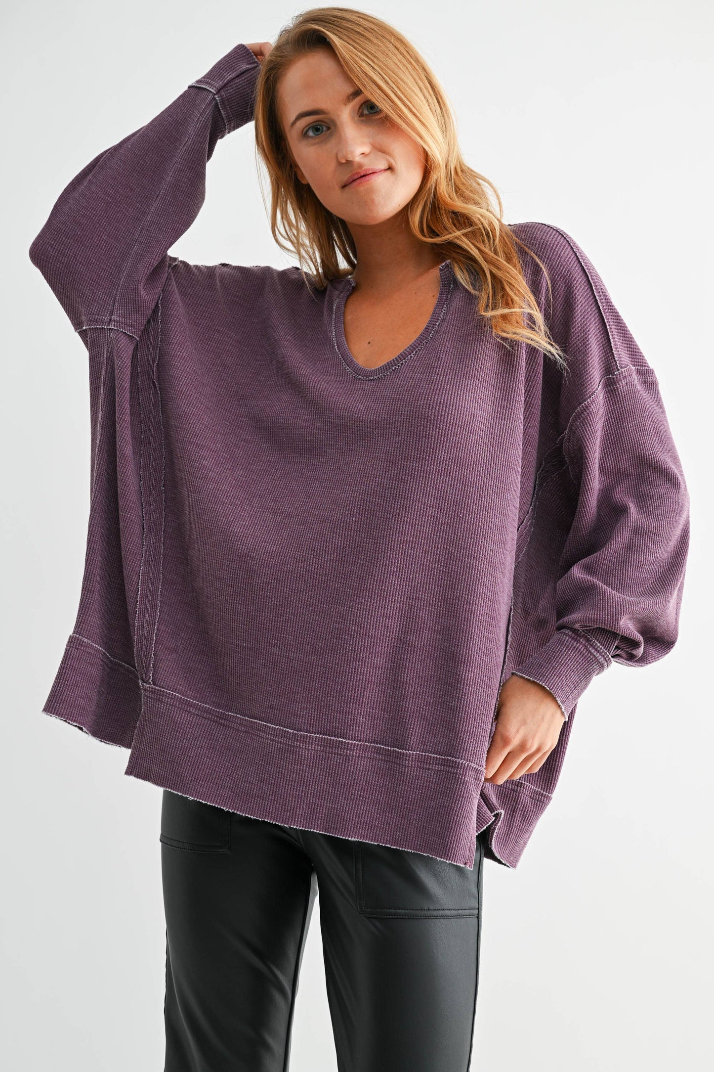 Cotton Blend Waffle Knit Oversized Long Sleeve