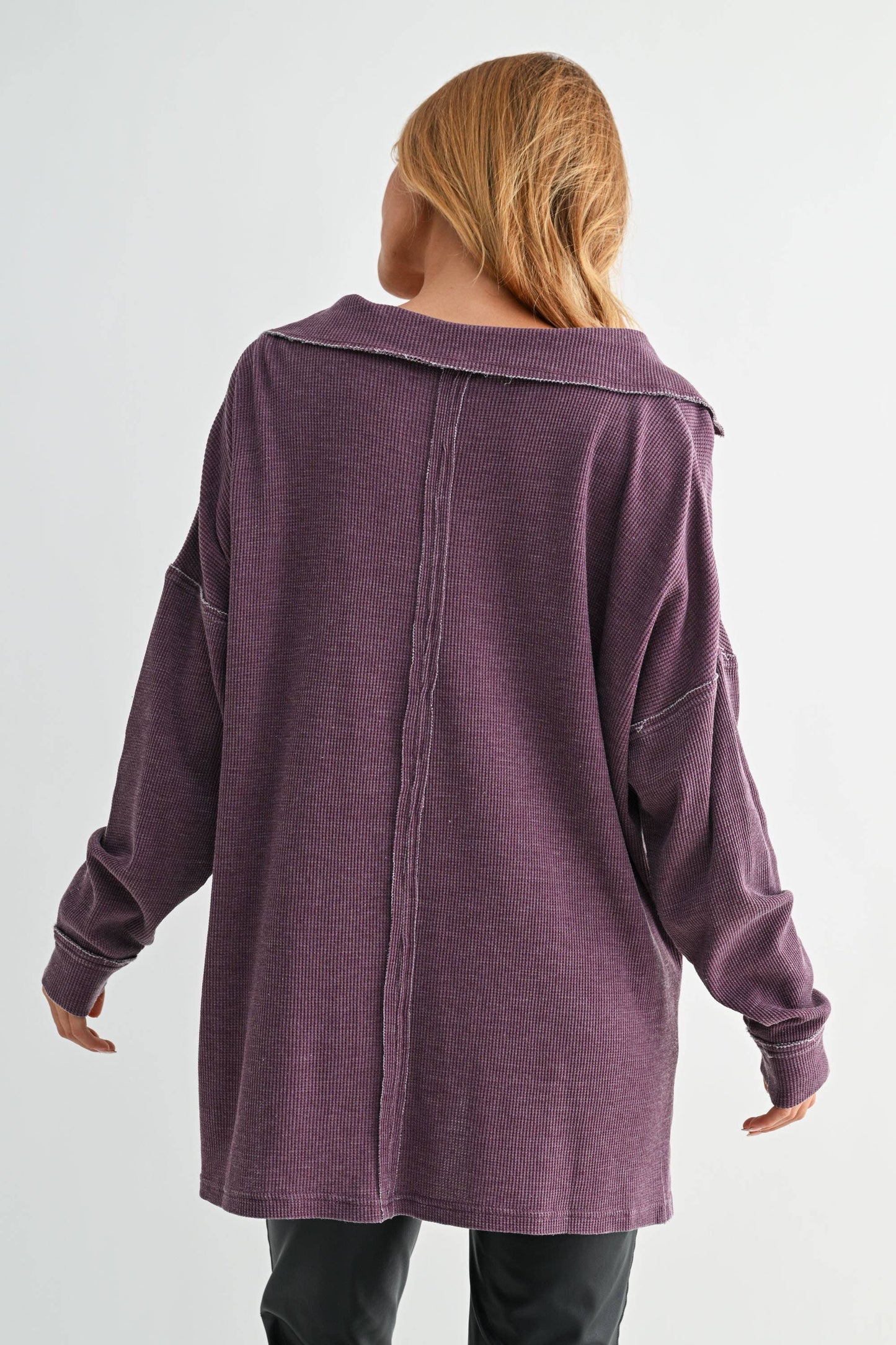 Cotton Blend Waffle Knit Oversized Collared Long Sleeve