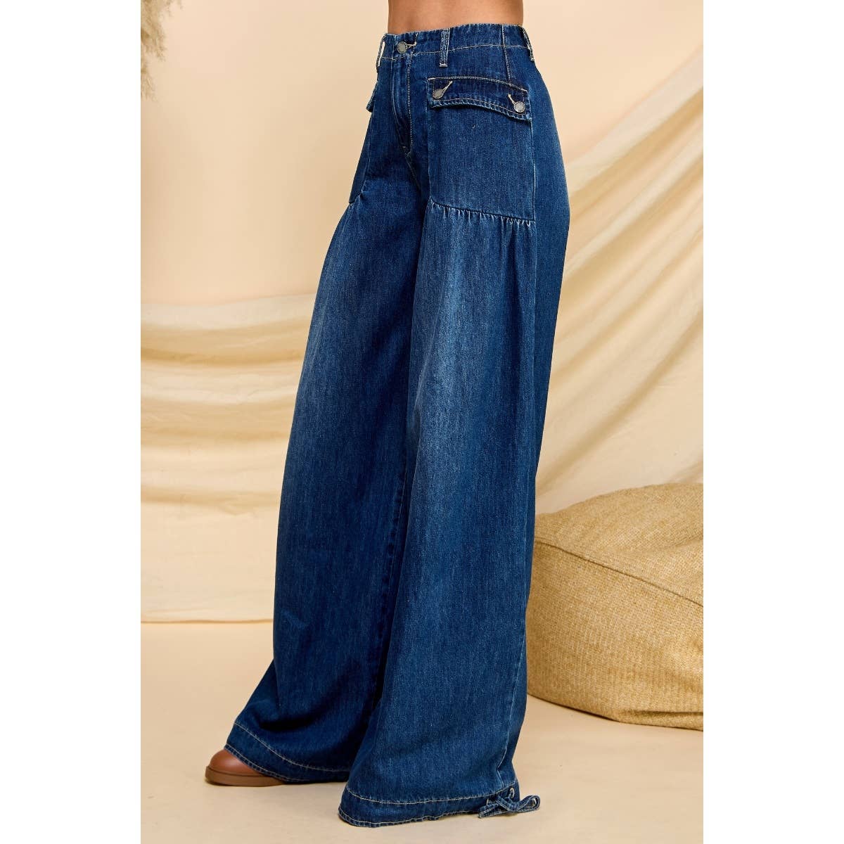 Ankle Drawstring Wide Denim Pants