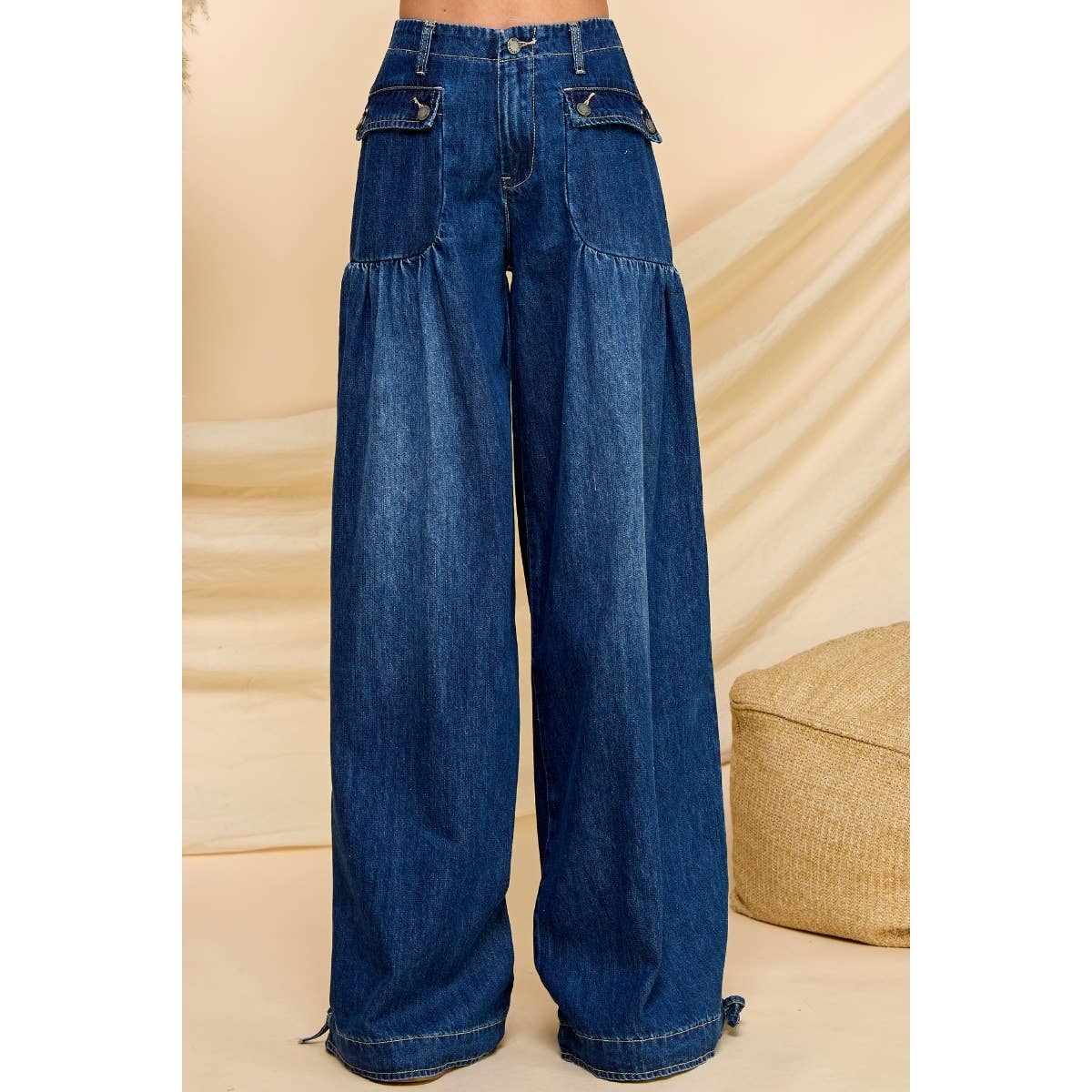 Ankle Drawstring Wide Denim Pants