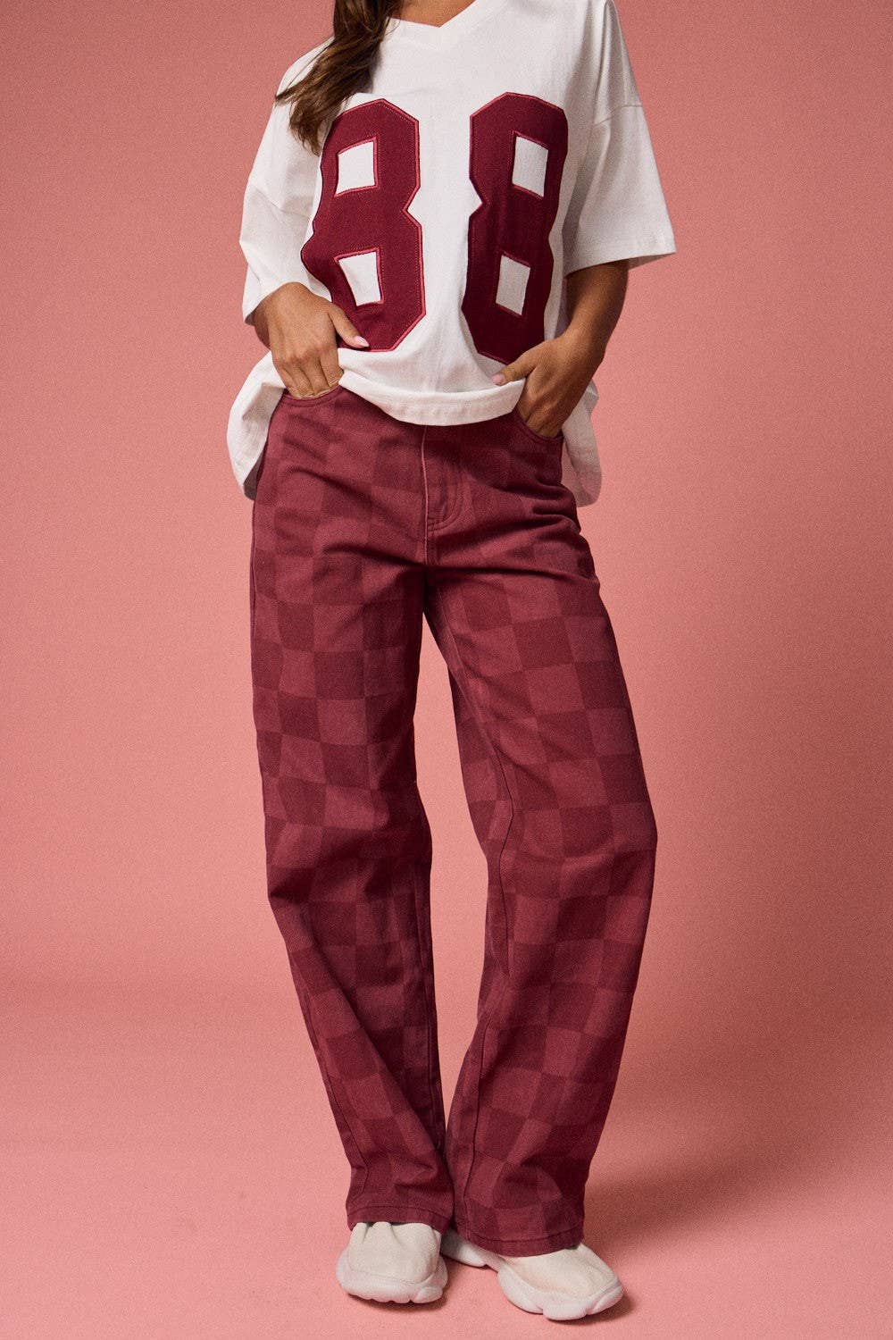 Red Checkered Wide Leg Jeans