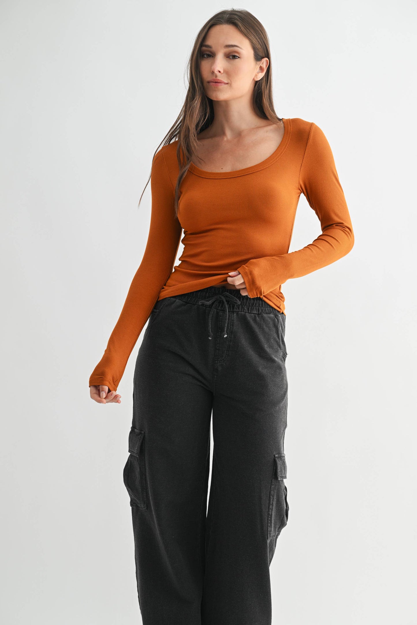 Slim Fit Scoop Neck Micro-Ribbed Long Sleeve Top