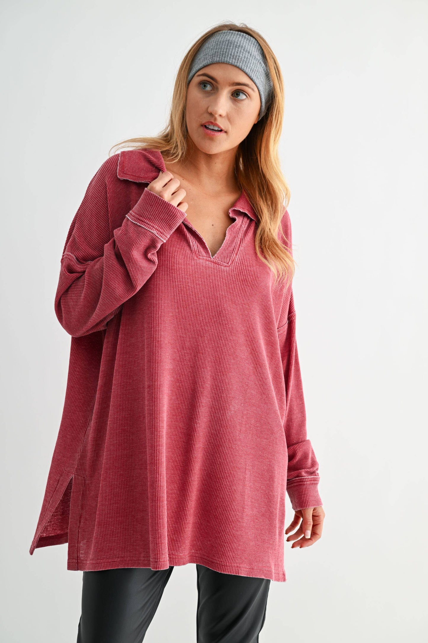 Cotton Blend Waffle Knit Oversized Collared Long Sleeve