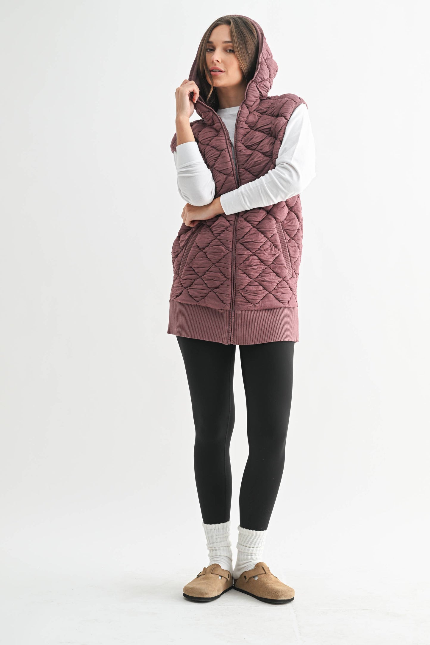 Oversized Quilted Fleece Vest with Hood