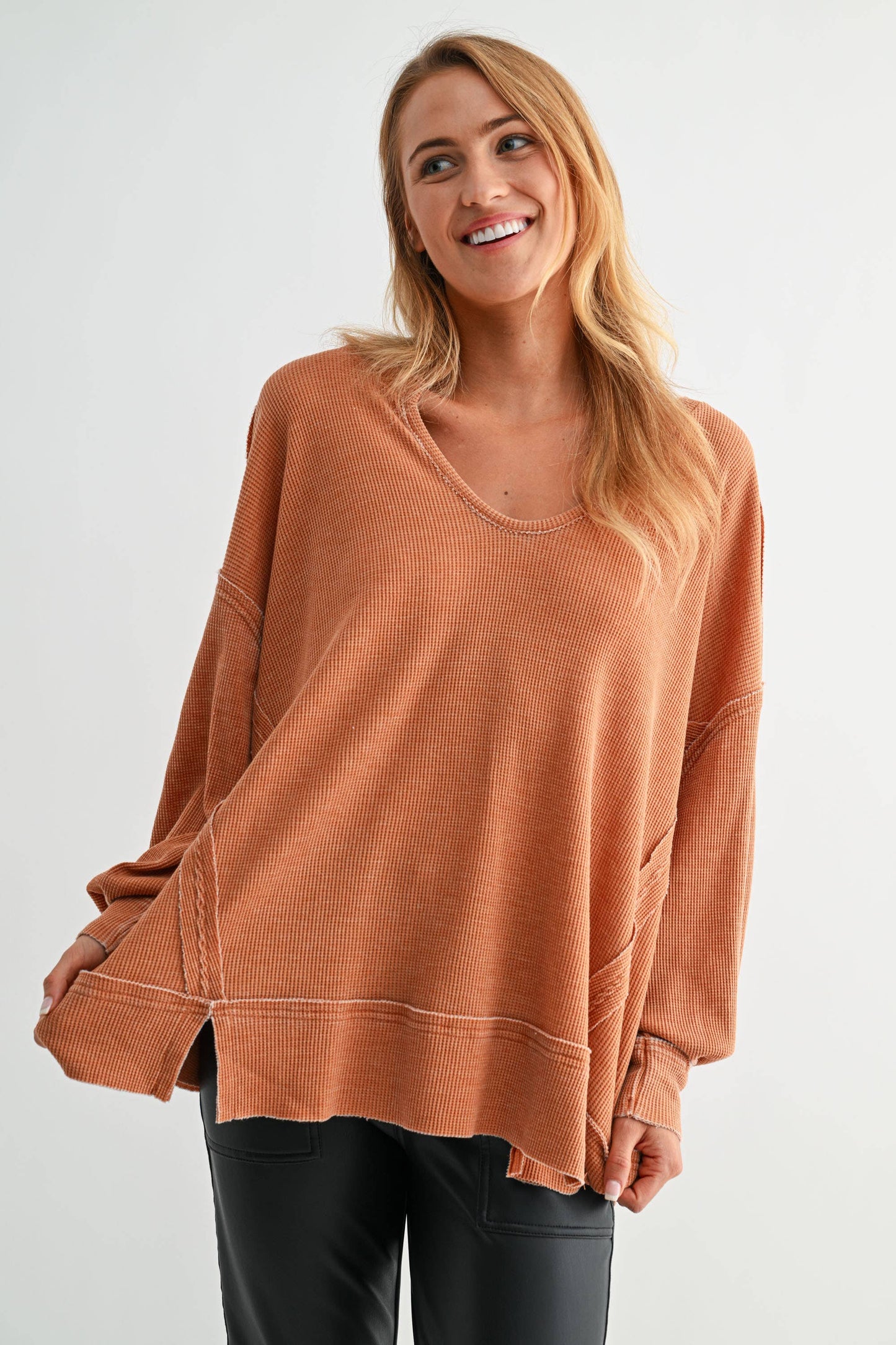 Cotton Blend Waffle Knit Oversized Long Sleeve