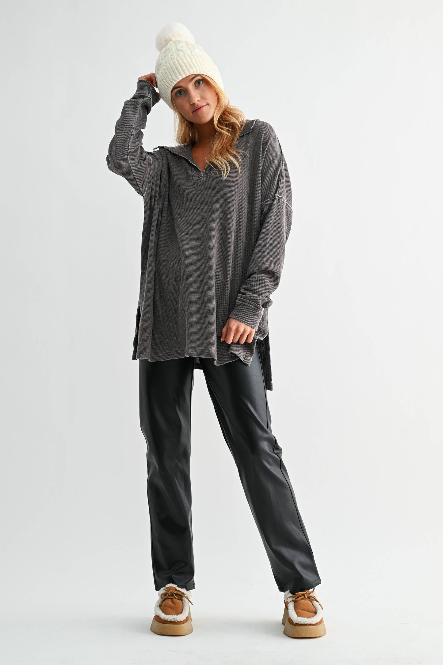 Cotton Blend Waffle Knit Oversized Collared Long Sleeve