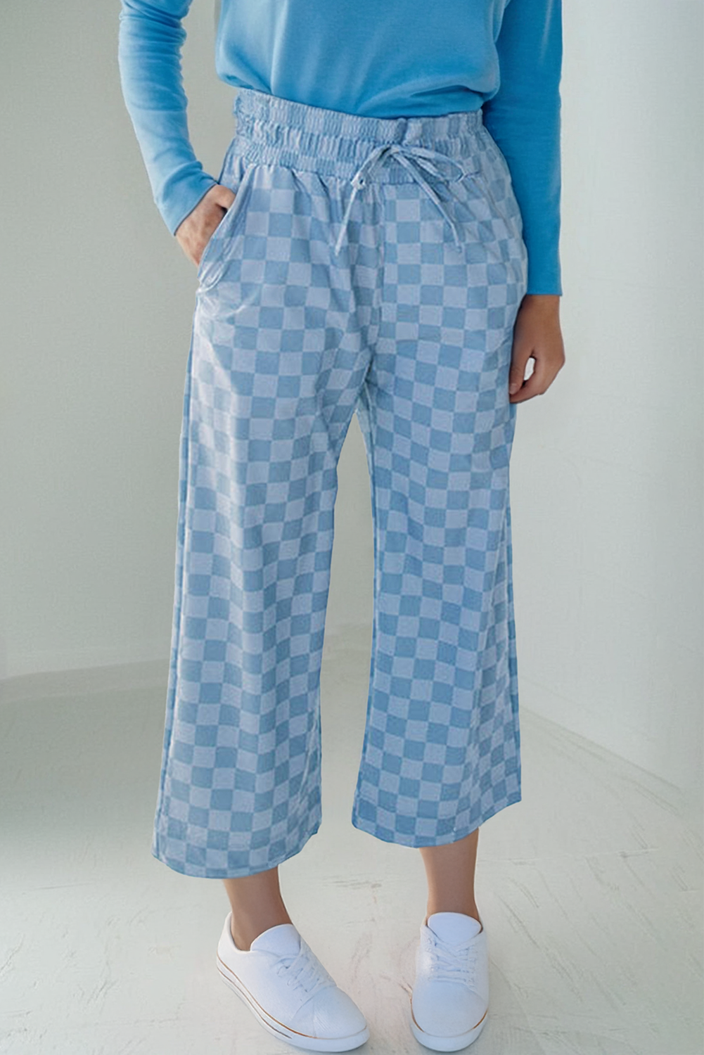 Checkered Elastic High Waist Loose Casual Pants