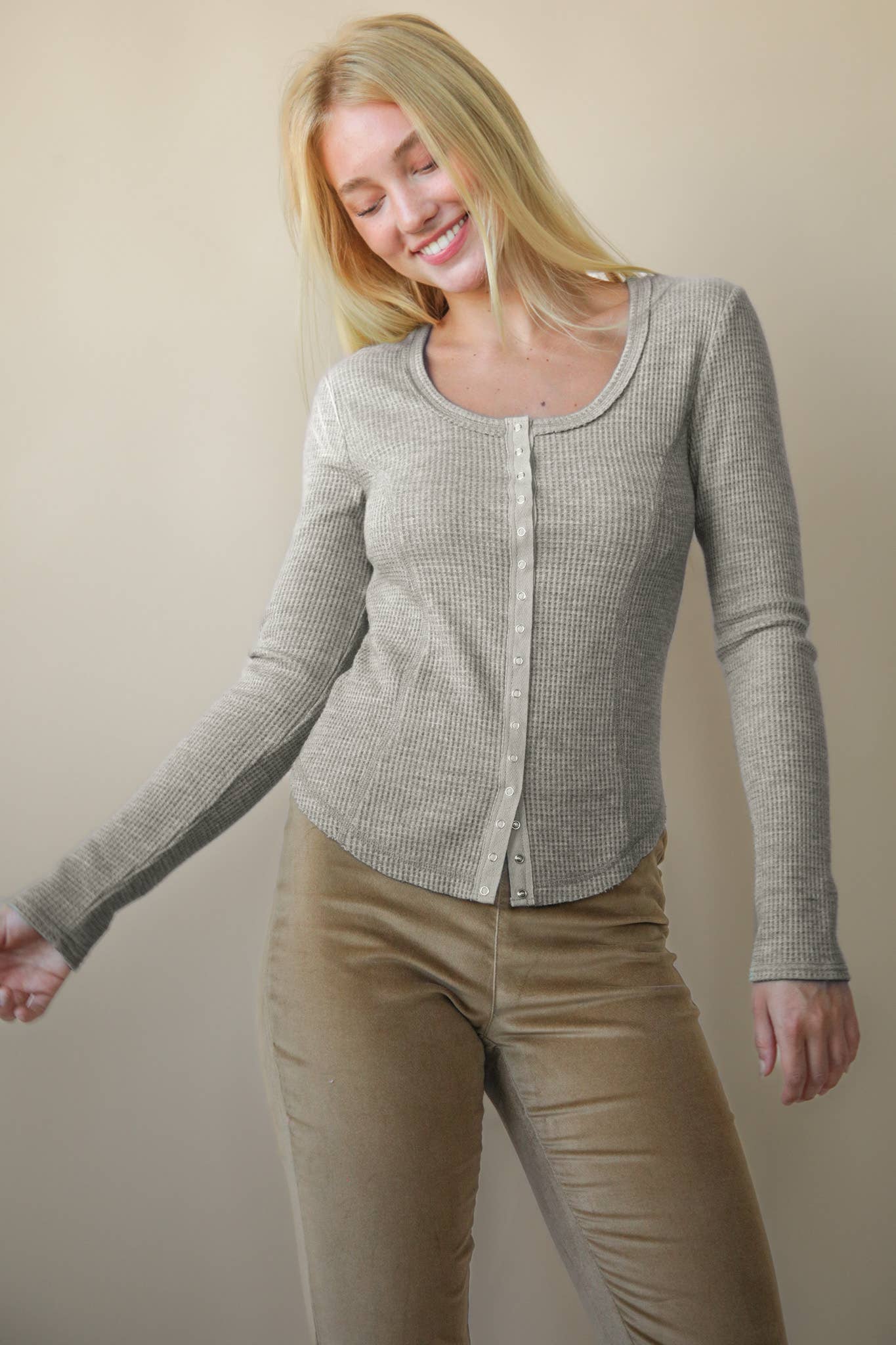 Button Down Fitted Knit Casual Top