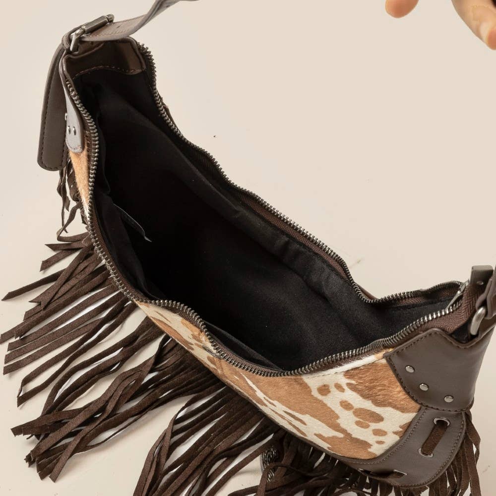 Cow Print Faux Leather Fringe Hobo Bag