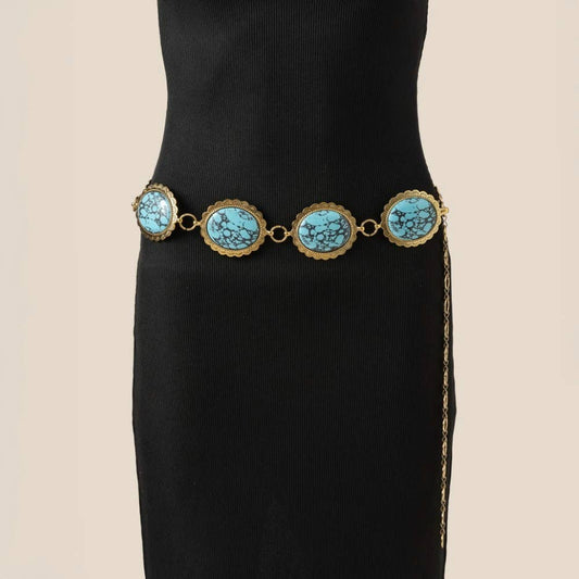 Western Turquoise Stone Oval Concho Disc Chain Belt